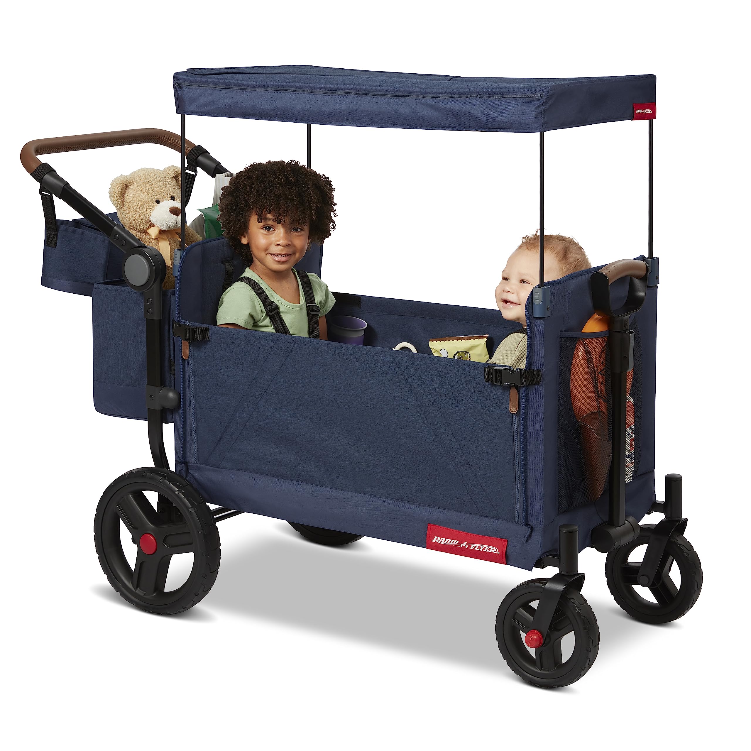 Radio Flyer Atlas Stroll 'N Wagon, Navy Blue, For Ages 1+, 3-in-1 Push or Pull Versatility, One-Hand Fold, UV Canopy, 5-Point Harnesses, Storage Capabilities, Rubber Wheels, Stroller Wagon for Kids