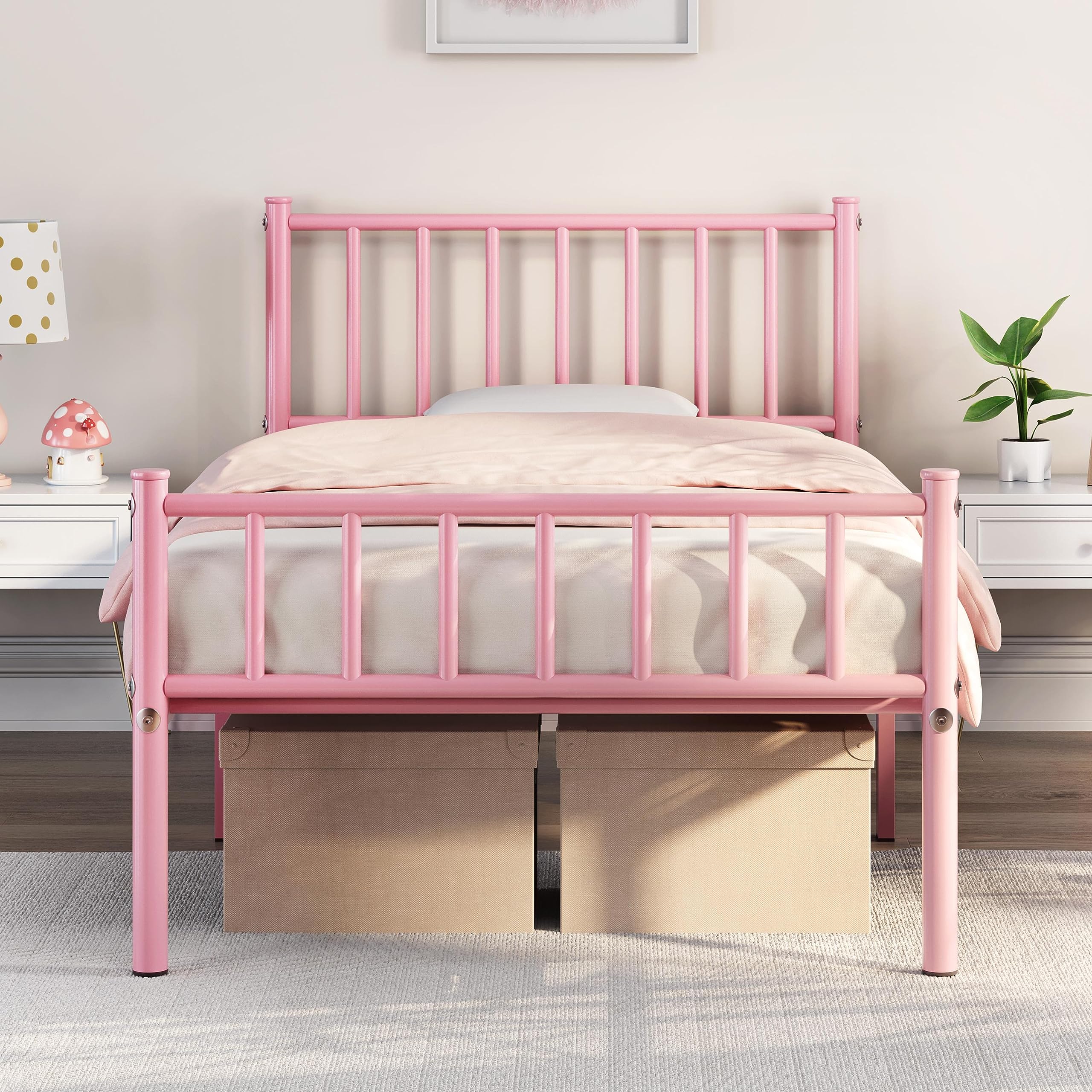 Yaheetech Twin Bed Frame Metal Platform Bed Frame Mattress Foundation with Spindle Headboard & Footboard/No Box Spring Needed/14 Inch Underbed Storage/Firm Support & Easy Set up Structure, Black