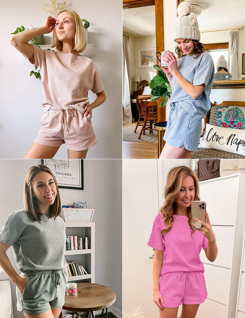 MEROKEETY Women's Short Sleeve Waffle Pajama Sets Lounge Top and Shorts 2 Piece Tracksuit Outfits
