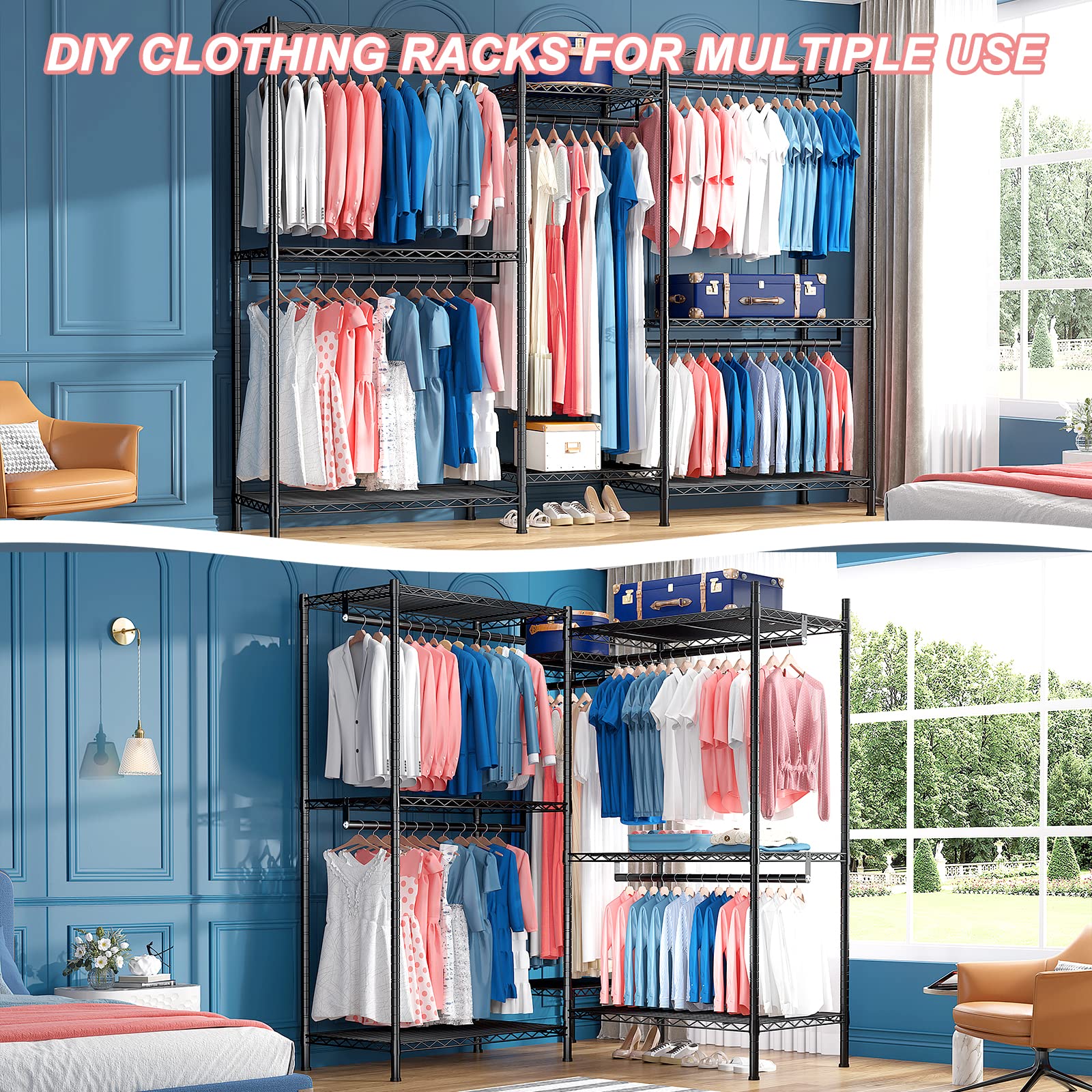 Raybee Clothes Rack,Clothing Racks for Hanging Clothes 900LBS Capacity Heavy Duty Portable Closet with 5 Hanger Rods & 8 Shelves for Walk-in Closet,Apartment
