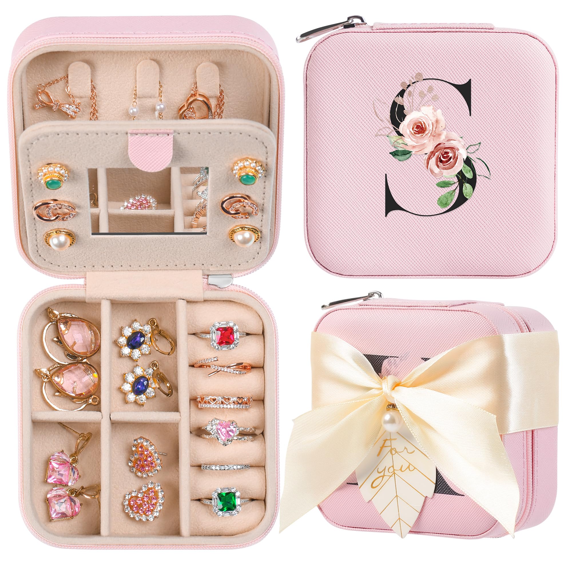 AYGXU Travel Jewelry Box for Women and Girls - Small Case With Initial A-Z - Teacher Gifts