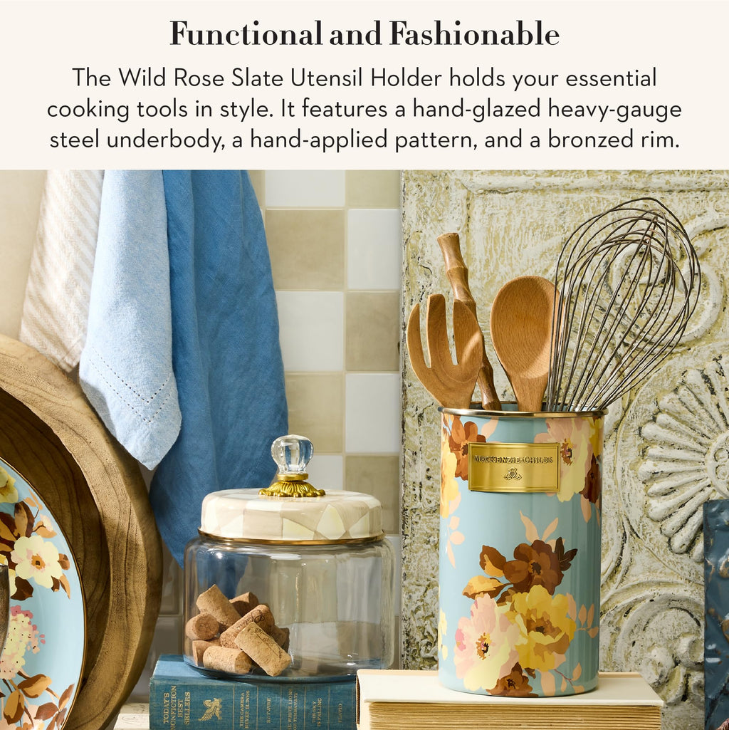 MACKENZIE-CHILDS Enamel Utensil Holder, Stylish Kitchen Countertop Organizer, Wild Rose Brown