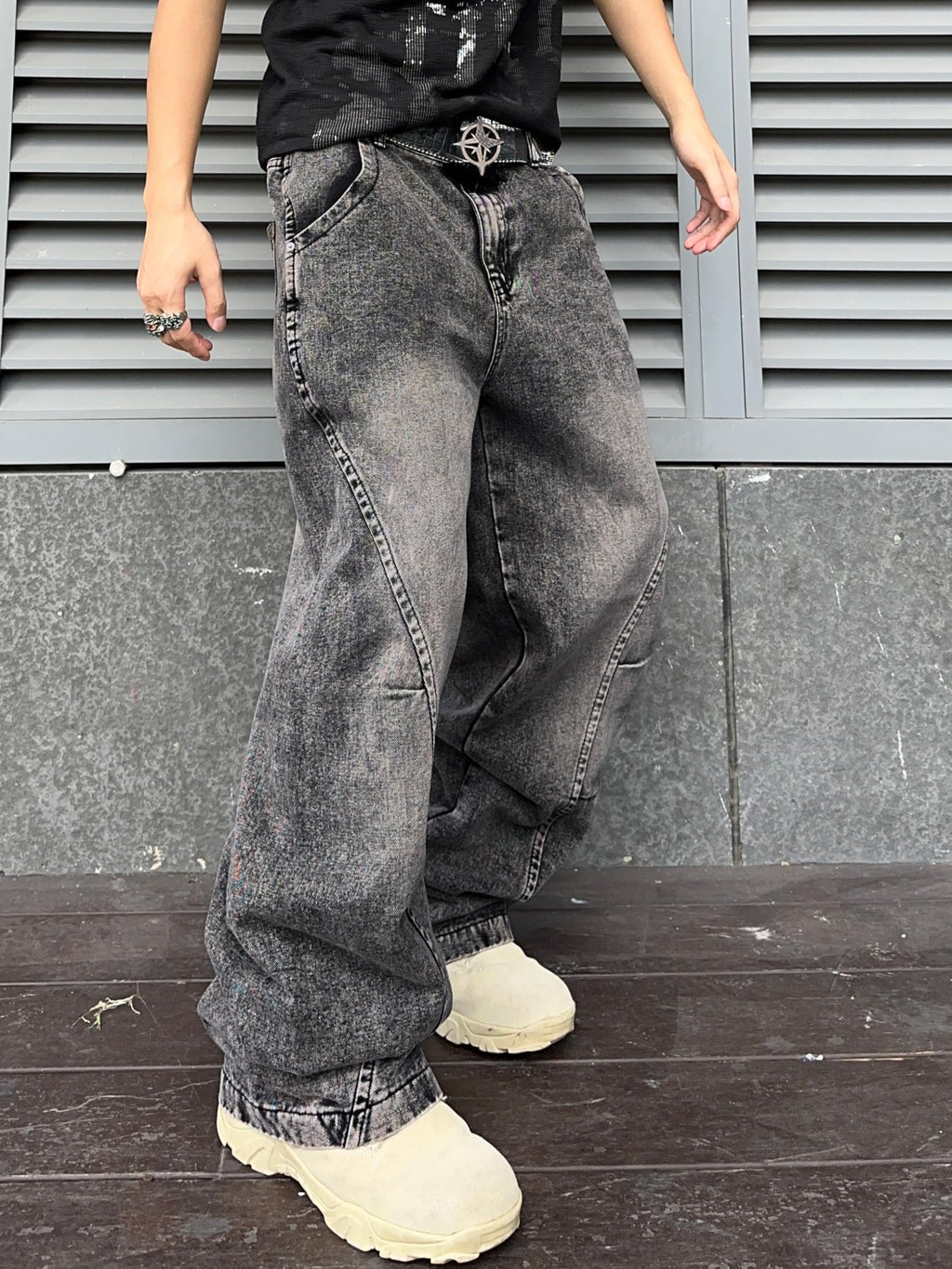 DFGIGT Men's Irregular Sutures Y2k Hip Hop Baggy Jeans Wide Leg Denim Pants Casual Loose Fit Trousers Streetwear