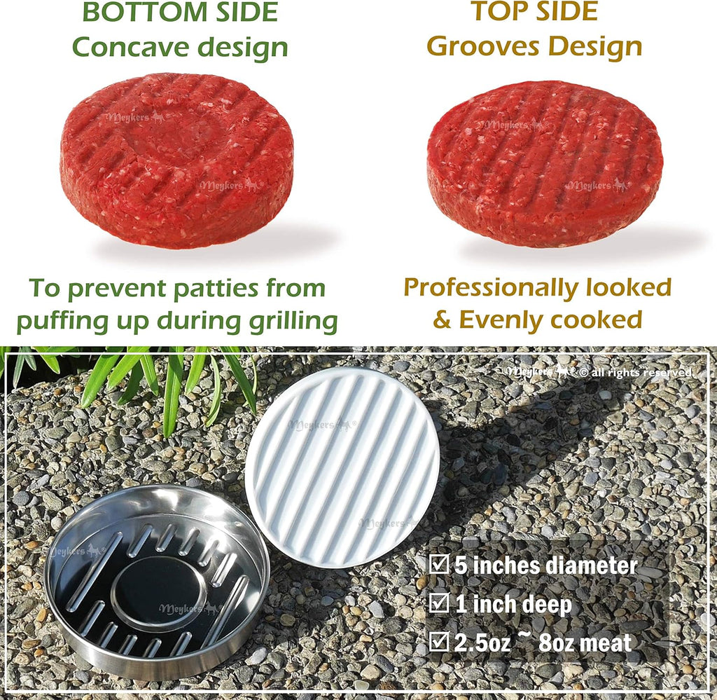 Meykers Burger Press 5" Hamburger Press Patty Maker | Patty Press Burger Mold Ring | with 100 Patty Papers | Porcelain Smasher Stainless Steel Shaper Smash for Meat Beyond Veggie Turkey Vegan Beef