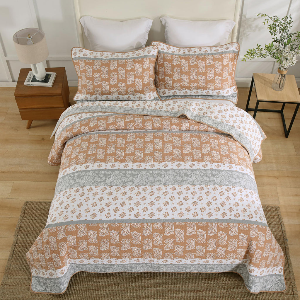 Yellow Quilts Queen Size, Paisley Comforter Set Queen Cotton Bed, Yellow Grey White Comforter, Striped Bedding Queen Size, Lightweight Luxury Bedspread,3 Piece