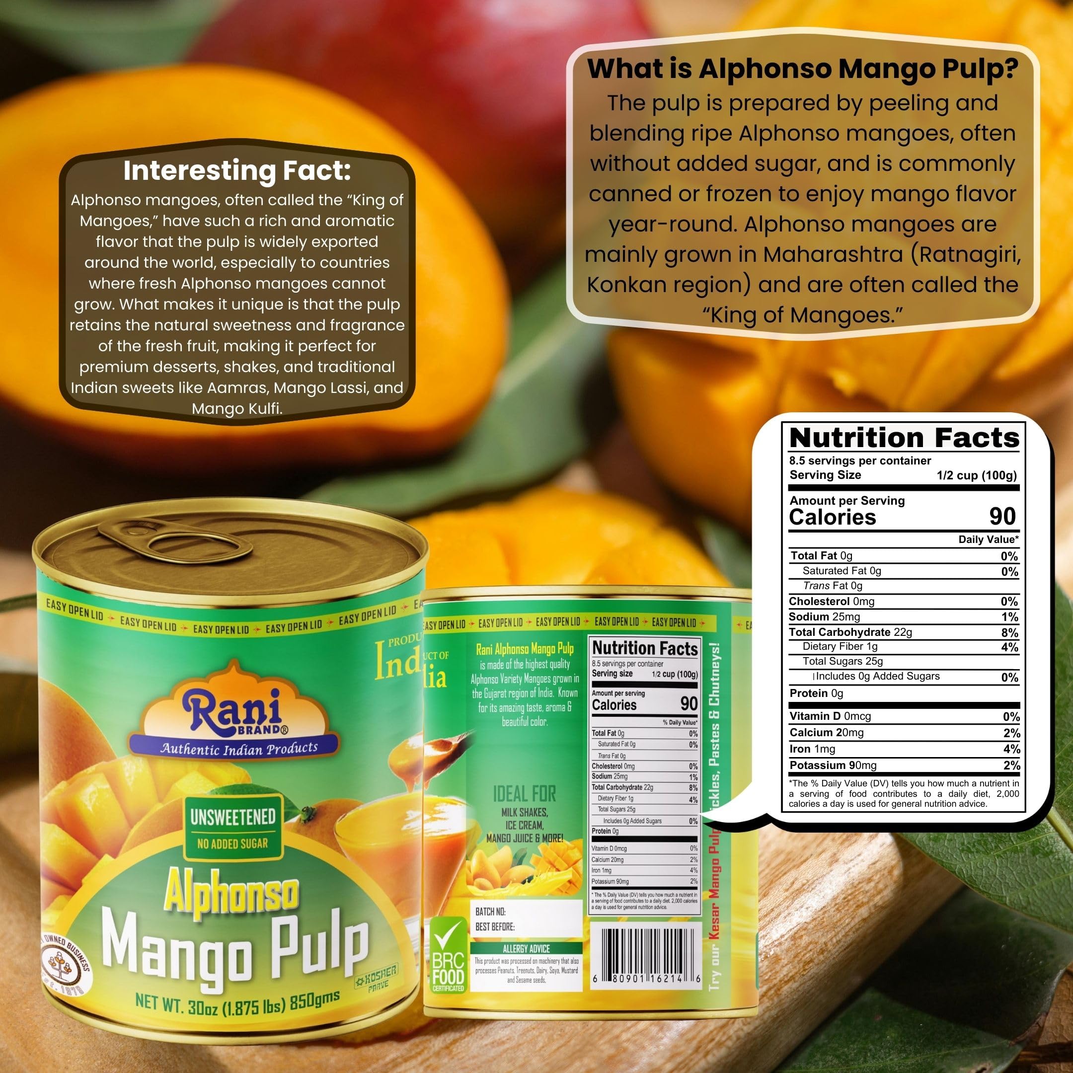 Rani Mango Pulp Puree (Makes Mango Lassi Shakes) Alphonso Sweetened 30oz (1.875lbs) 850g ~ Kosher | All Natural | NON-GMO | Vegan | No colors | Gluten Friendly | Indian Origin