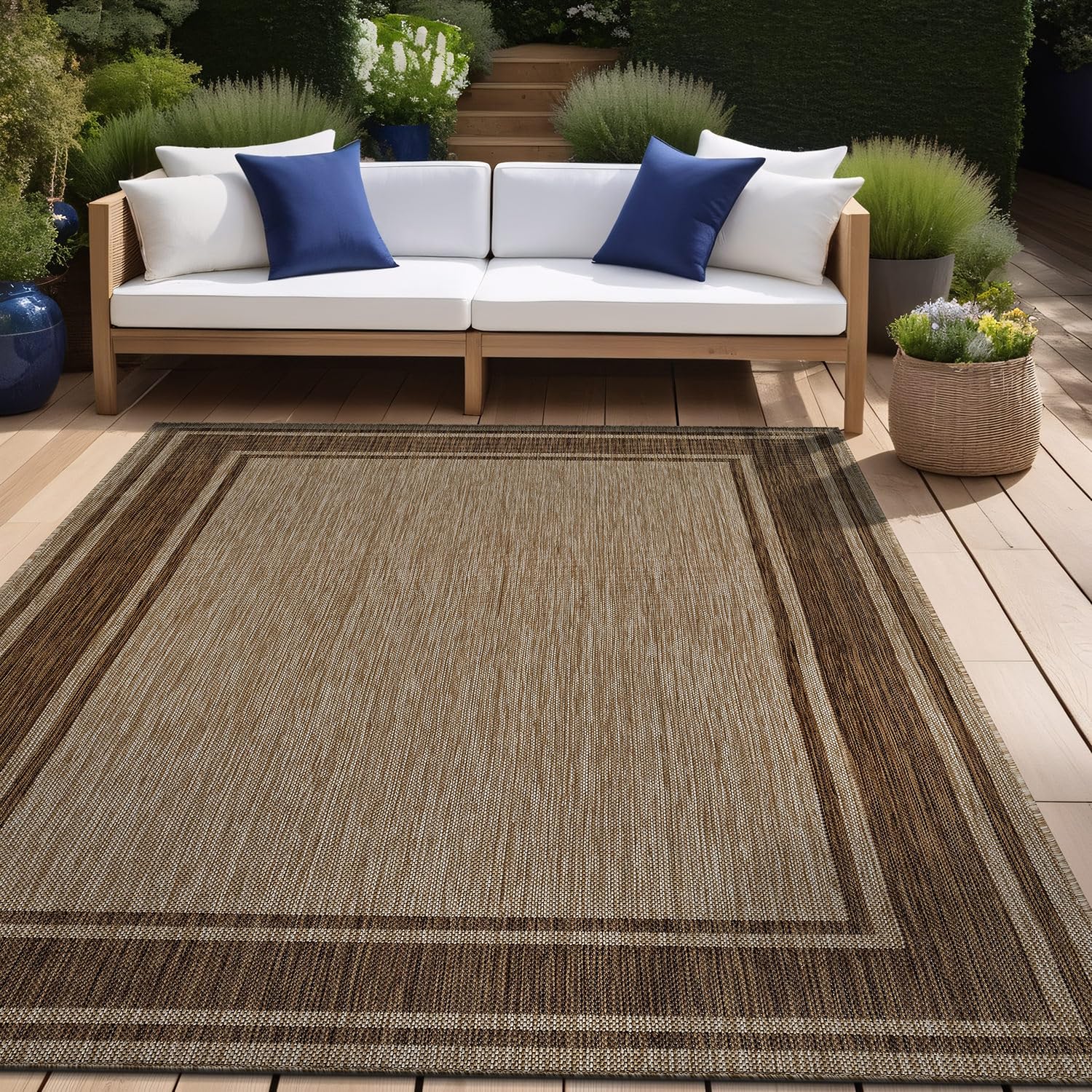 Beverly Rug Outdoor Rug 5x7 Modern Bordered Area Rugs for Indoor and Outdoor Patio Deck Porch Garden Waterproof Weather Sun Resistant Washable Outside Carpet (5 x 7 Beige)