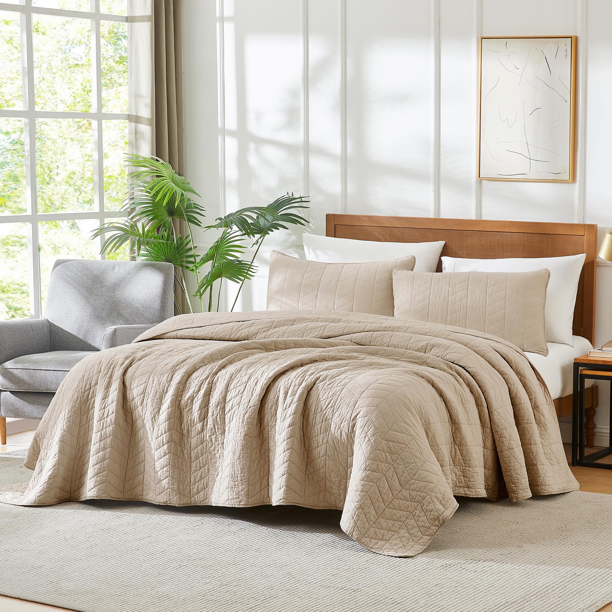 palassio Beige Cotton Quilt Twin Size Bedding Sets with Pillow Sham, White Lightweight Soft Bedspread Coverlet, Tan Cream Quilted Comforter Bed Cover for All Season, 2 Pieces, 68x86 inches