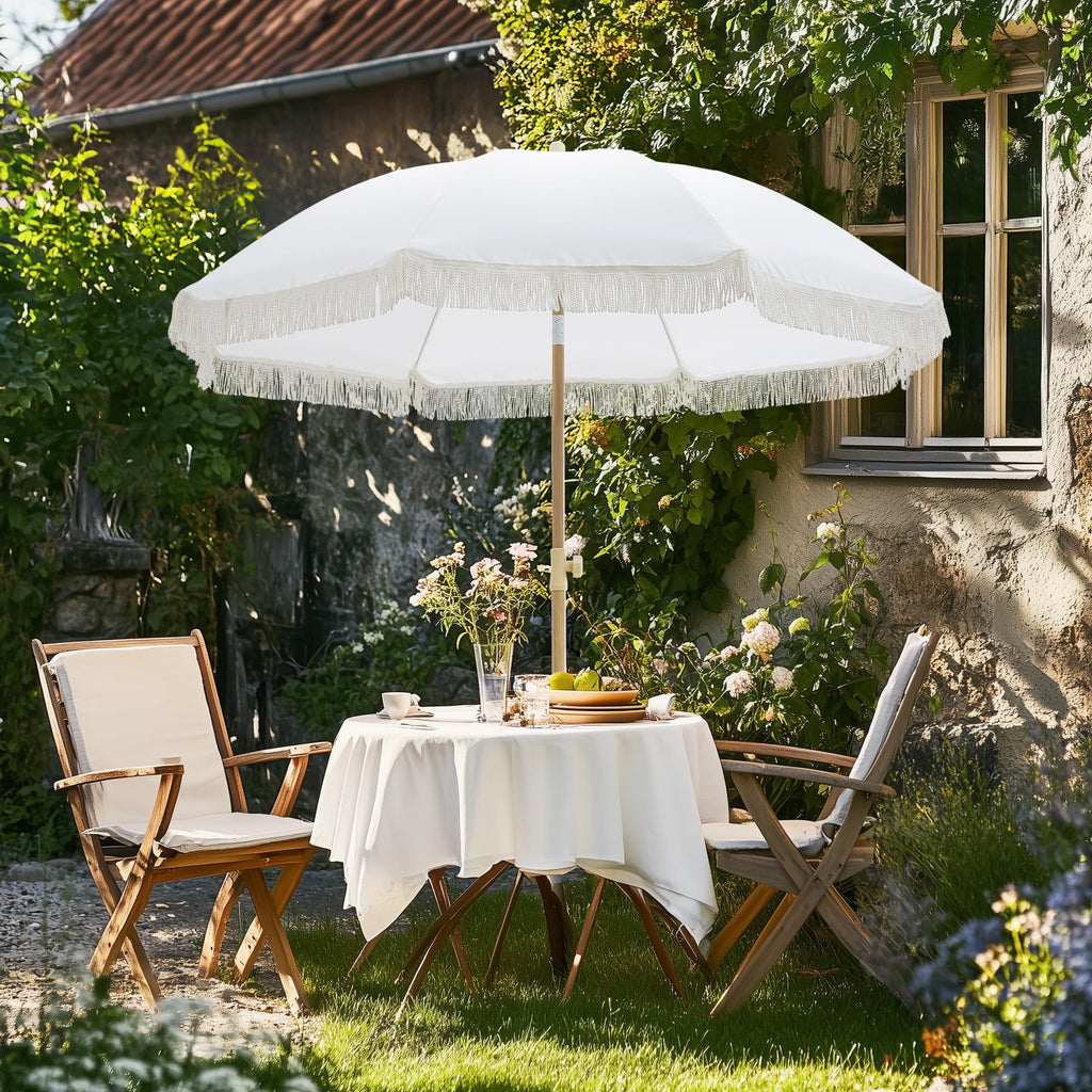 6.5FT Boho Patio Umberlla with Fringe,UPF50+ Outdoor Umbrella with Fiberglass Ribs and Push Button Tilt,Tassels Umbrella for Beach,Terrace,Picnic