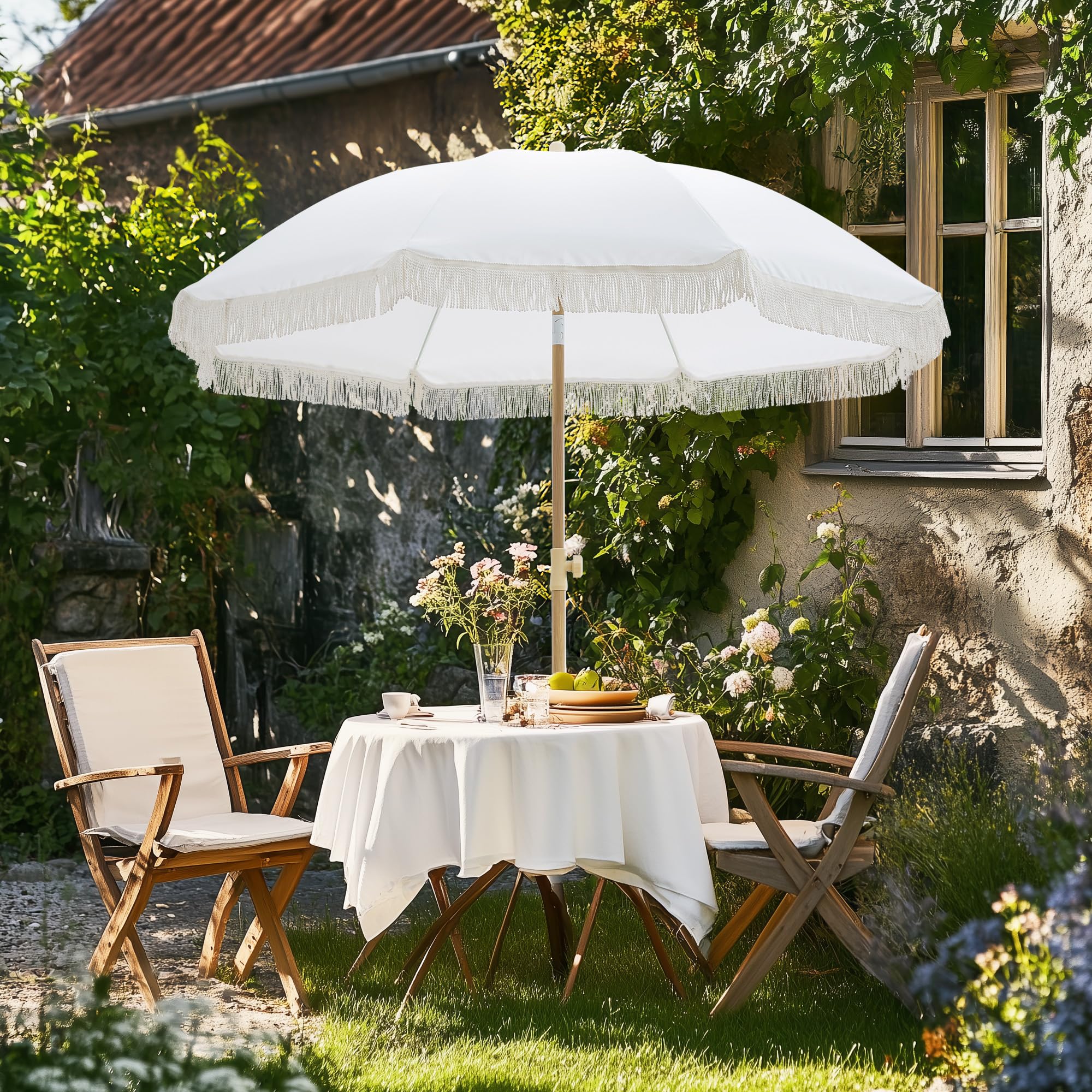 6.5FT Boho Patio Umberlla with Fringe,UPF50+ Outdoor Umbrella with Fiberglass Ribs and Push Button Tilt,Tassels Umbrella for Beach,Terrace,Picnic