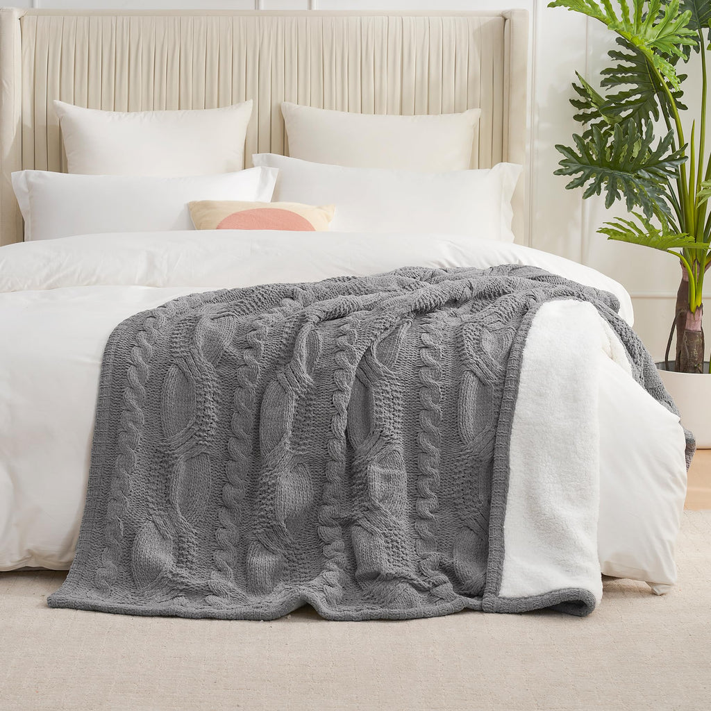 Amélie Home Cable Knit Throw Blanket for Couch, Chenille Sherpa Soft Cozy Throw Blankets for Sofa Chair Comfortable Home, 50"x60", Gray