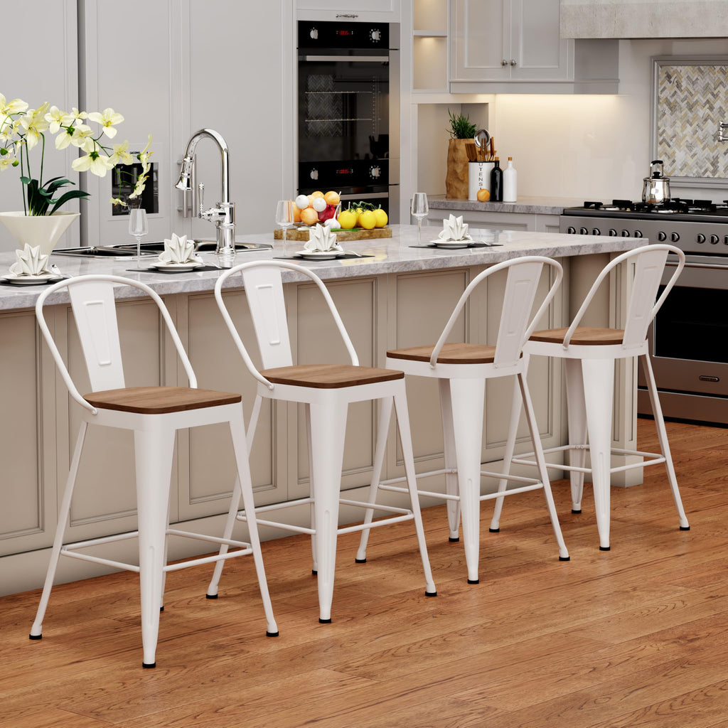 Barstools Set of 4 Counter Height Bar Stools for Kitchen Island Farmhouse Metal High Back Bar Chairs Wooden Seat 24" Matte Black
