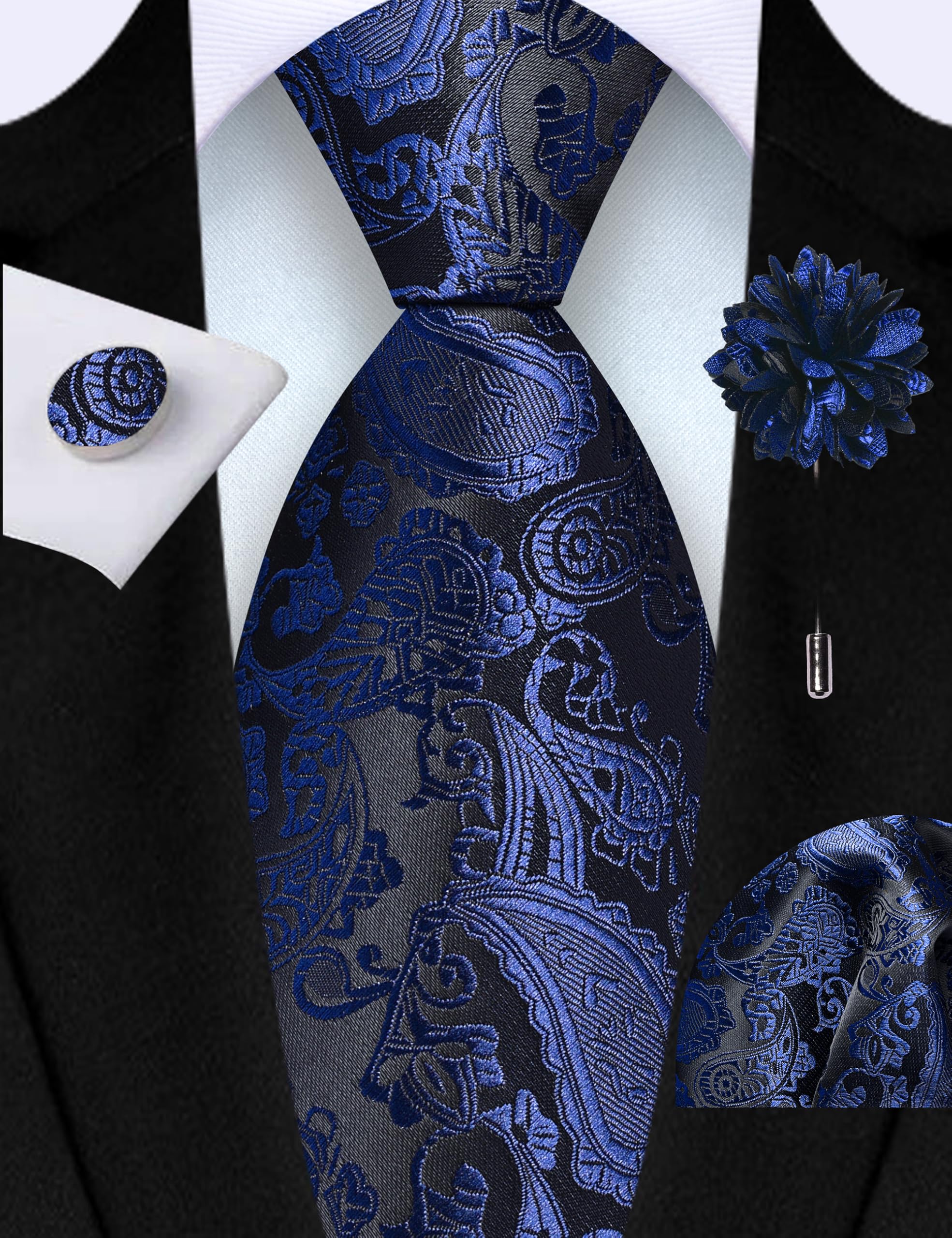 GUSLESON 3.15"（8cm） Mens Paisley Tie and Lapel Pin Necktie Hankerchief Cufflinks Set for Men