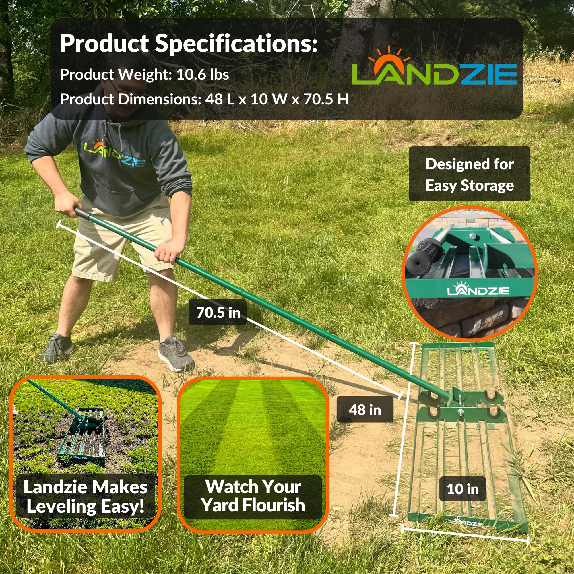 LANDZIE - The Original Lawn Leveling Rake – 24" Steel Handle Yard Leveler, Lawn Level Tool for Creating a Flat Surface - Works for Soil, Dirt, Topdressing, and Ground