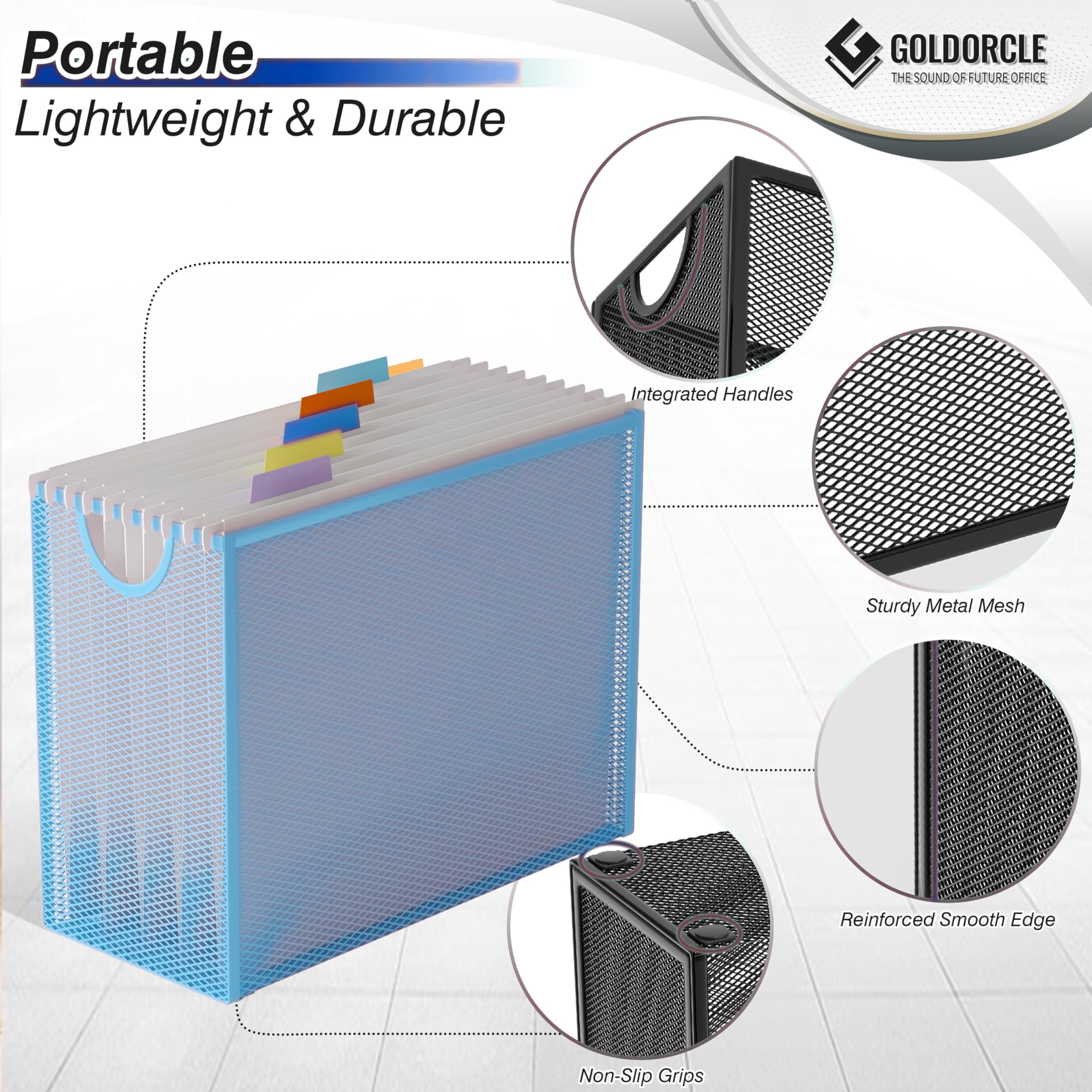 Hanging File Organizer, Letter-Size File Holder Filing Box with 5 Hanging Folders, Metal Mesh Desk File Folder Storage(No Assembly Required) (Blue, with 5 Grey Folders)