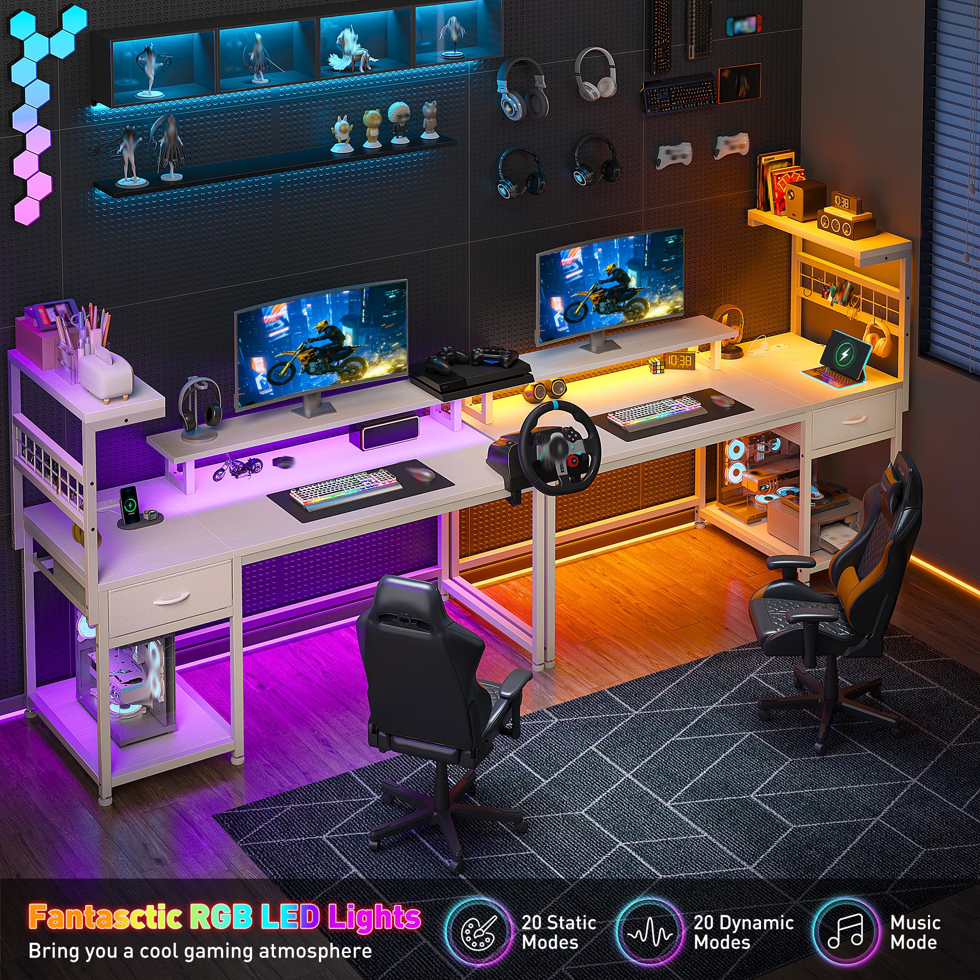 EnHomee 40" Gaming Desk with Power Outlets & LED Lights, Computer Desk with Drawer & Storage Shelve, Home Office Desk with Monitor Stand for Living Room, Study Room, Gaming Room, Black