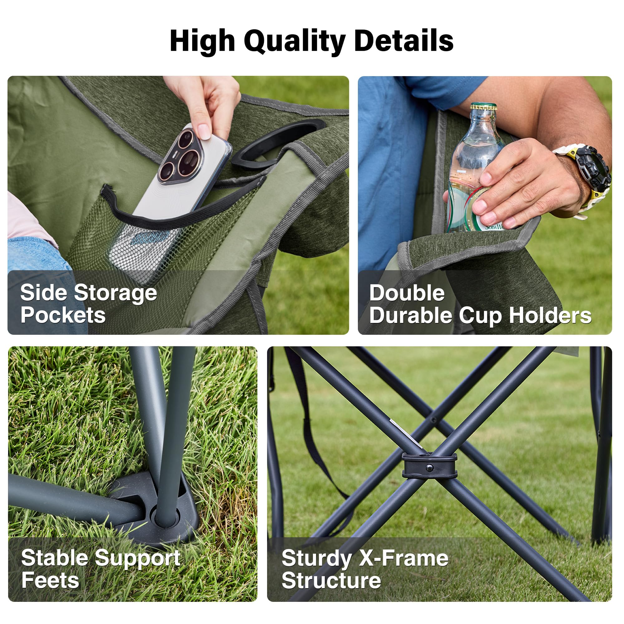 Double Camping Chair Heavy Duty Oversized Padded Loveseat for Adults 2 Person Outdoor Portable Camping Chairs for Lawn, Backyard, Fishing, Trip, Support 600lbs, Grey