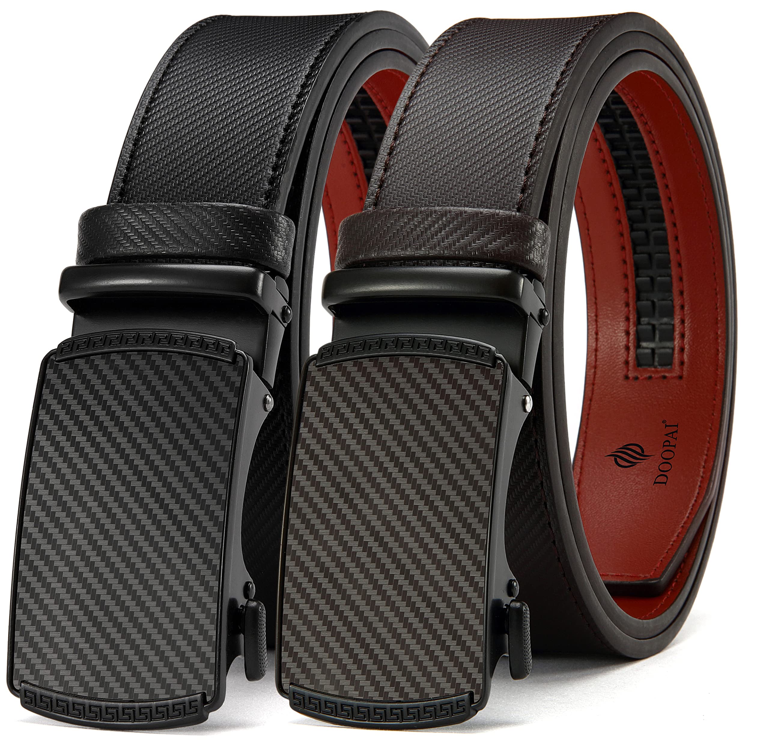 DOOPAI Men's 2 Pack Ratchet Dress Belt - Adjustable 1 3/8" Genuine Leather, Size Length Can Be Cut, With Gift Box