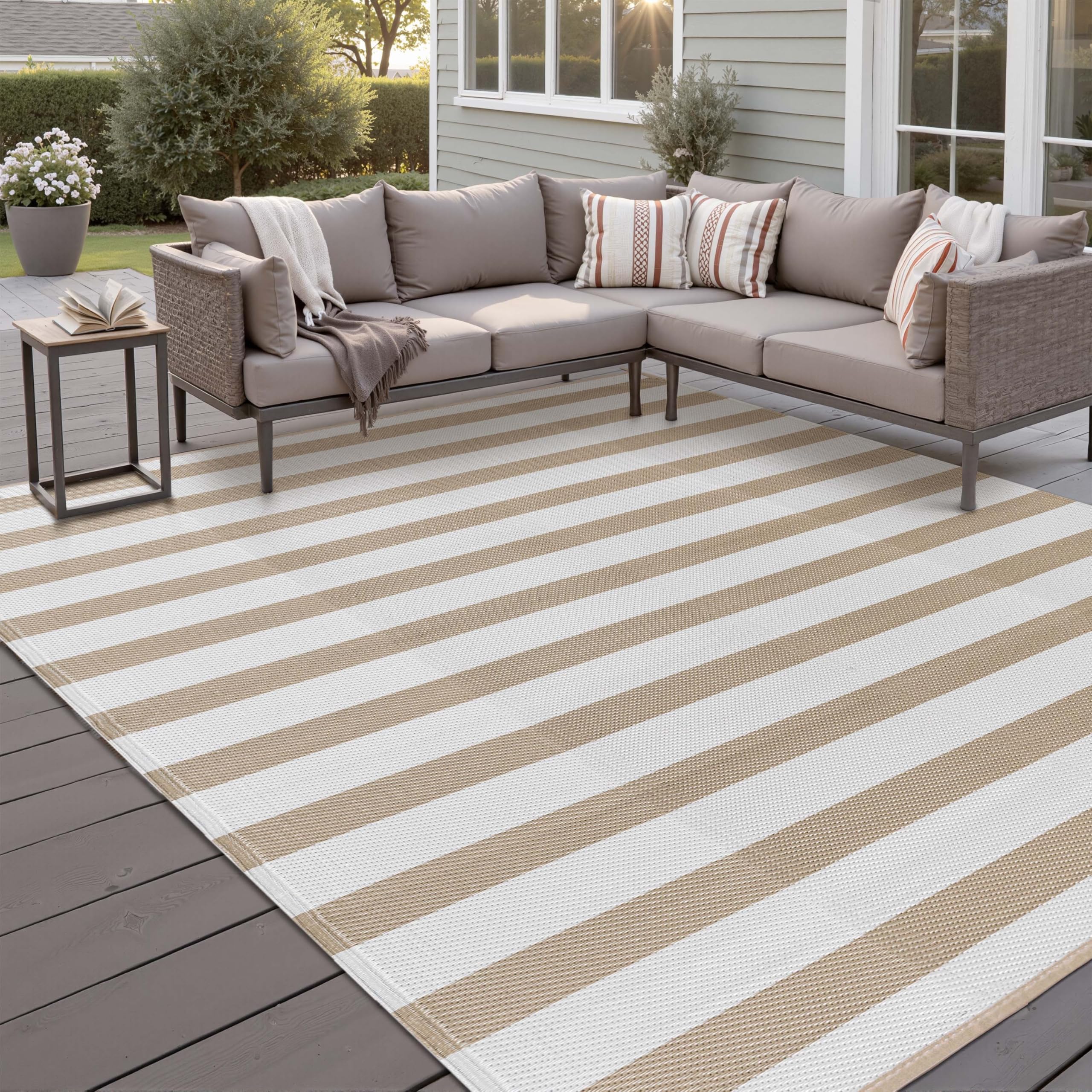 PureCozy Outdoor Plastic Straw Rug Black Beige Large Outside Waterproof Outdoor Patio 5x8 Carpet Geometric Reversible Mat Modern for Camping RV Porch Deck Balcony Beach