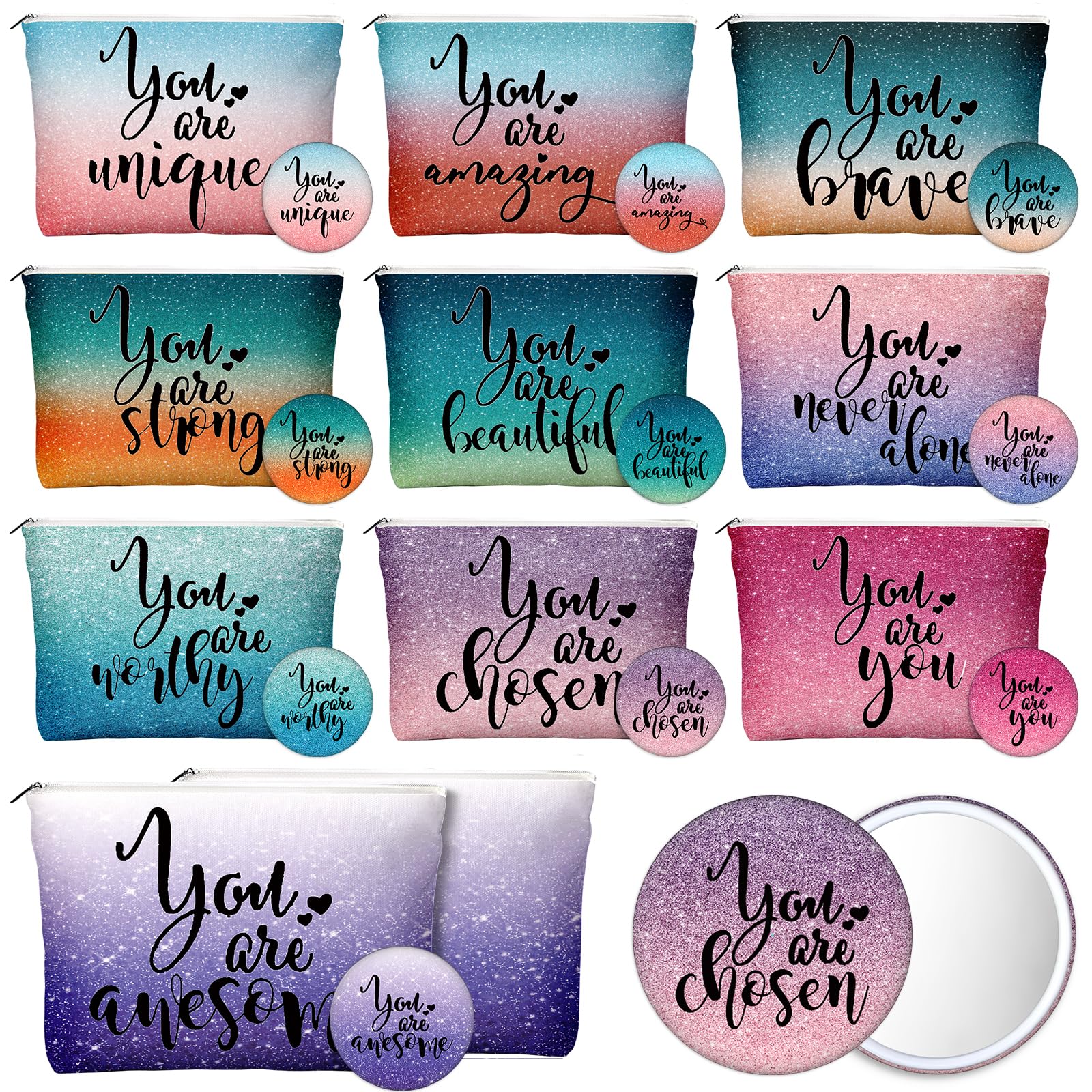 Vercraft 20 Pcs Employee Appreciation Gift for Women Inspirational Canvas Makeup Bag Portable Compact Mirror Bulk Cosmetic Bag Thank You Party Favor for Women Coworker Nurse (Bohemian,Boho)