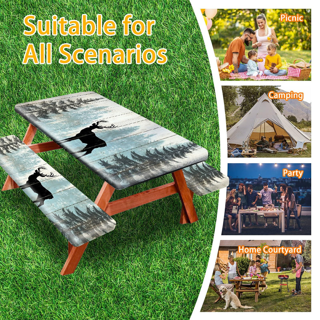 Park Picnic Table Cover with Bench Covers Lightweight Camping Essentials, Oil-Proof Waterproof 3PCS Tablecloth with Elastic, Fitted for Table 6FT Rectangle and Seats, American Flag Eagle (72x30in)