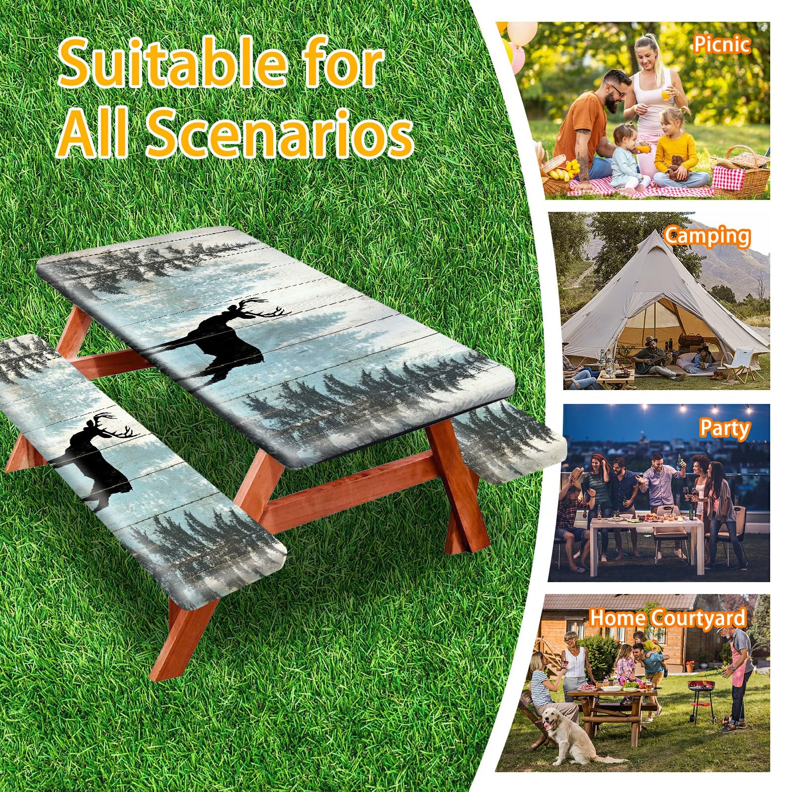 Park Picnic Table Cover with Bench Covers Lightweight Camping Essentials, Oil-Proof Waterproof 3PCS Tablecloth with Elastic, Fitted for Table 6FT Rectangle and Seats, American Flag Eagle (72x30in)