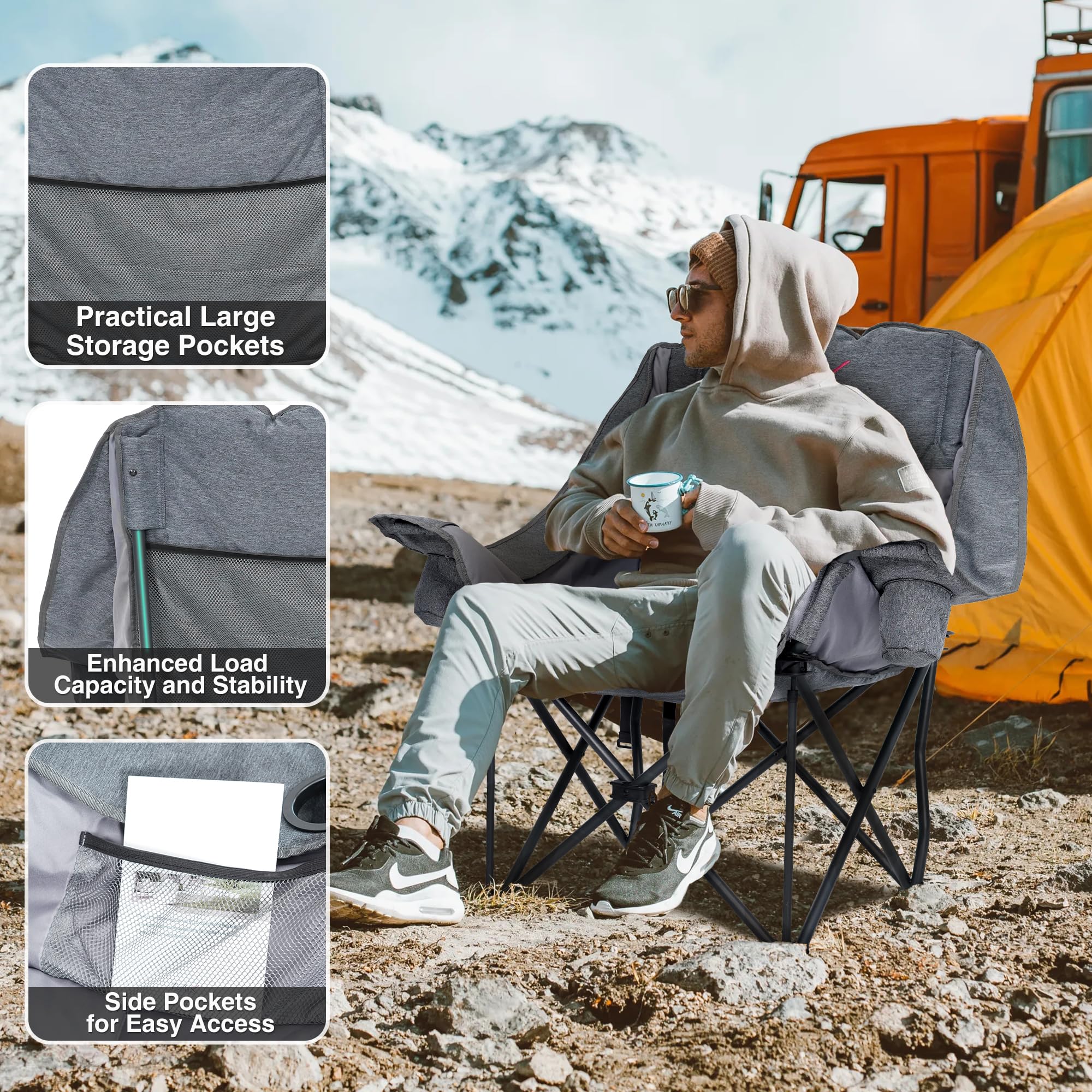 Double Camping Chair Heavy Duty Oversized Padded Loveseat for Adults 2 Person Outdoor Portable Camping Chairs for Lawn, Backyard, Fishing, Trip, Support 600lbs, Grey