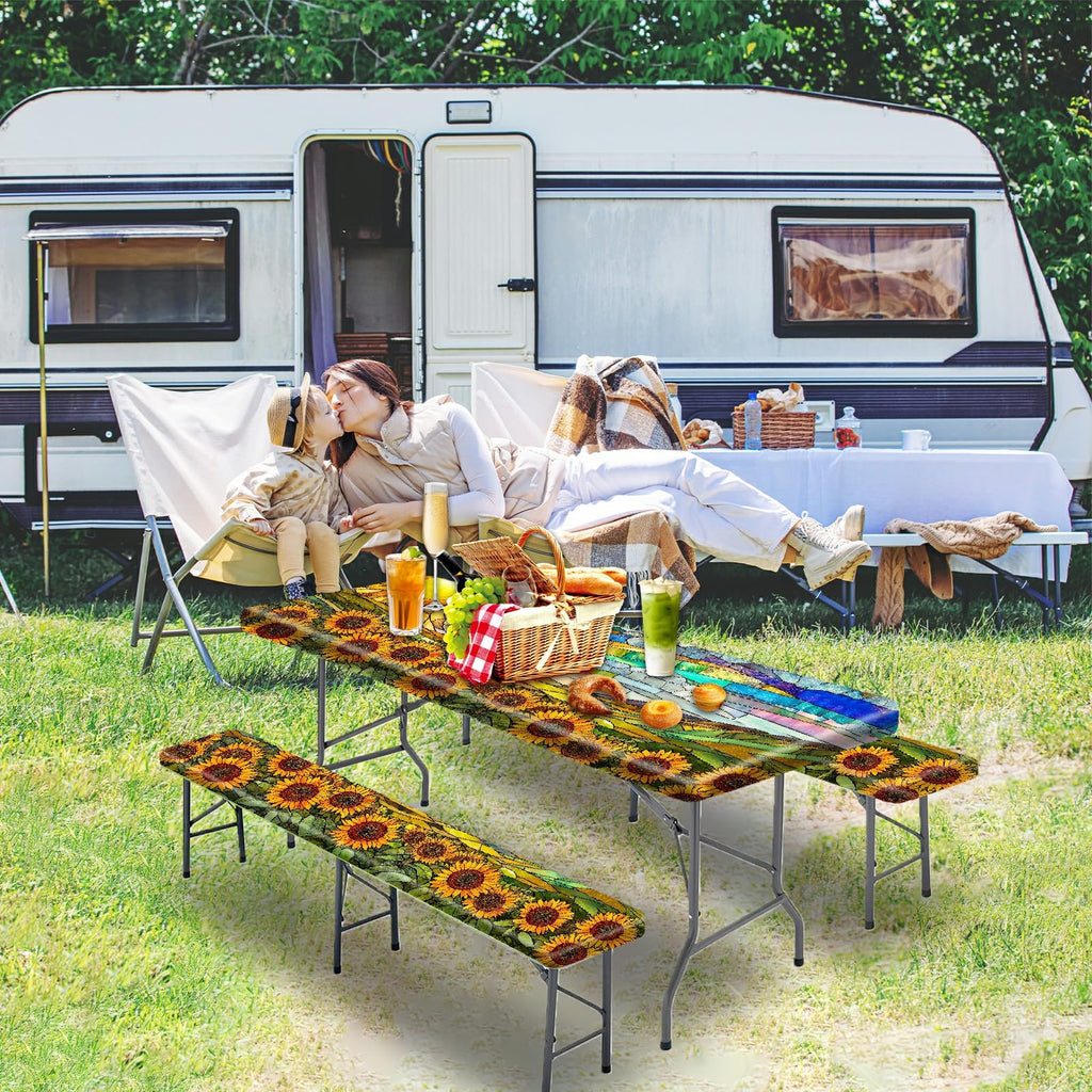 Park Picnic Table Cover with Bench Covers Lightweight Camping Essentials, Oil-Proof Waterproof 3PCS Tablecloth with Elastic, Fitted for Table 6FT Rectangle and Seats, American Flag Eagle (72x30in)