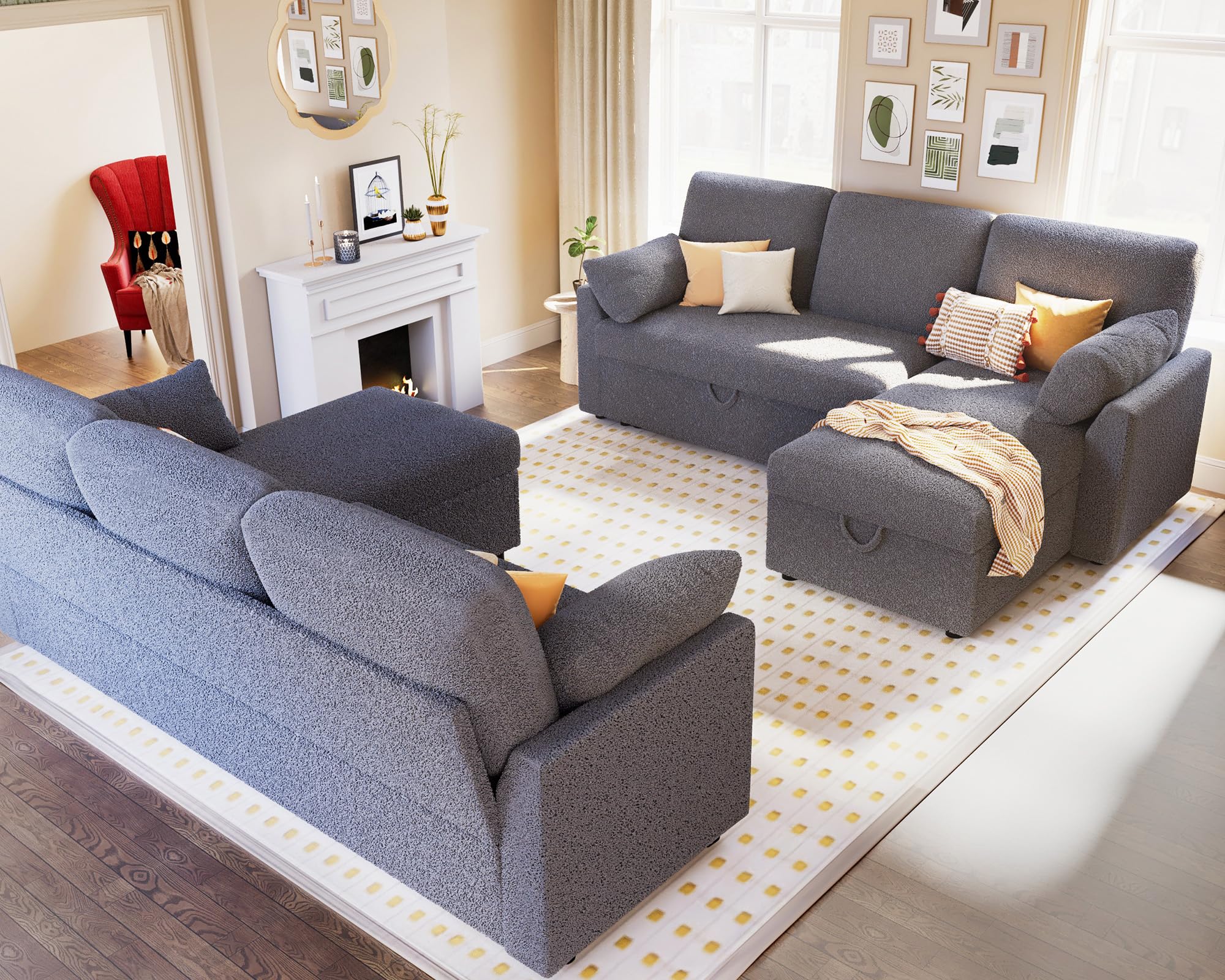 PaPaJet Sofa Bed, Sleeper Sofa with Storage Chaise, L Shaped Sofa with Pull Out Bed, Oversized Sofas for Living Room, Beige