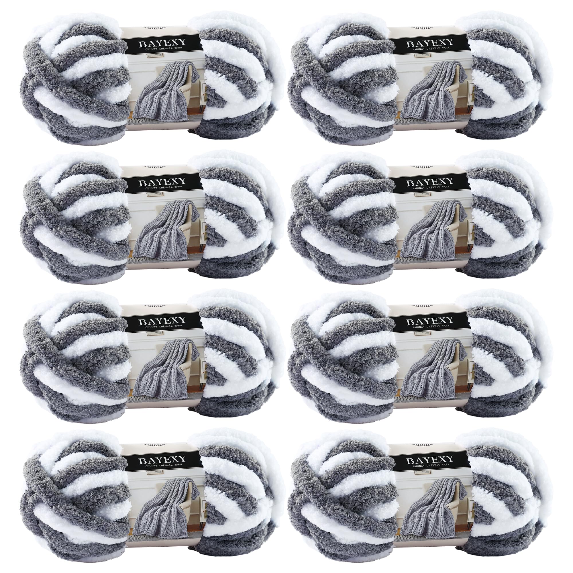 Chunky Chenille Yarn for Hand Knitting 8 Jumbo Pack Jumbo Chunky Yarn for Hand Soft Blanket Knitting, Bulky Thick Fluffy Yarn for Crocheting (Black)
