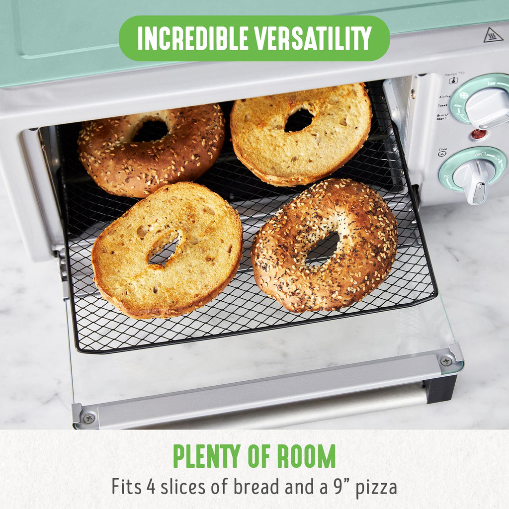 GreenLife Countertop Toaster Oven Air Fryer Stainless Steel, Healthy Ceramic Nonstick, PFAS Free, Tray & Basket, Bake, Broil, Reheat, Adjustable Temp & Time Control, Auto Shutoff, Black