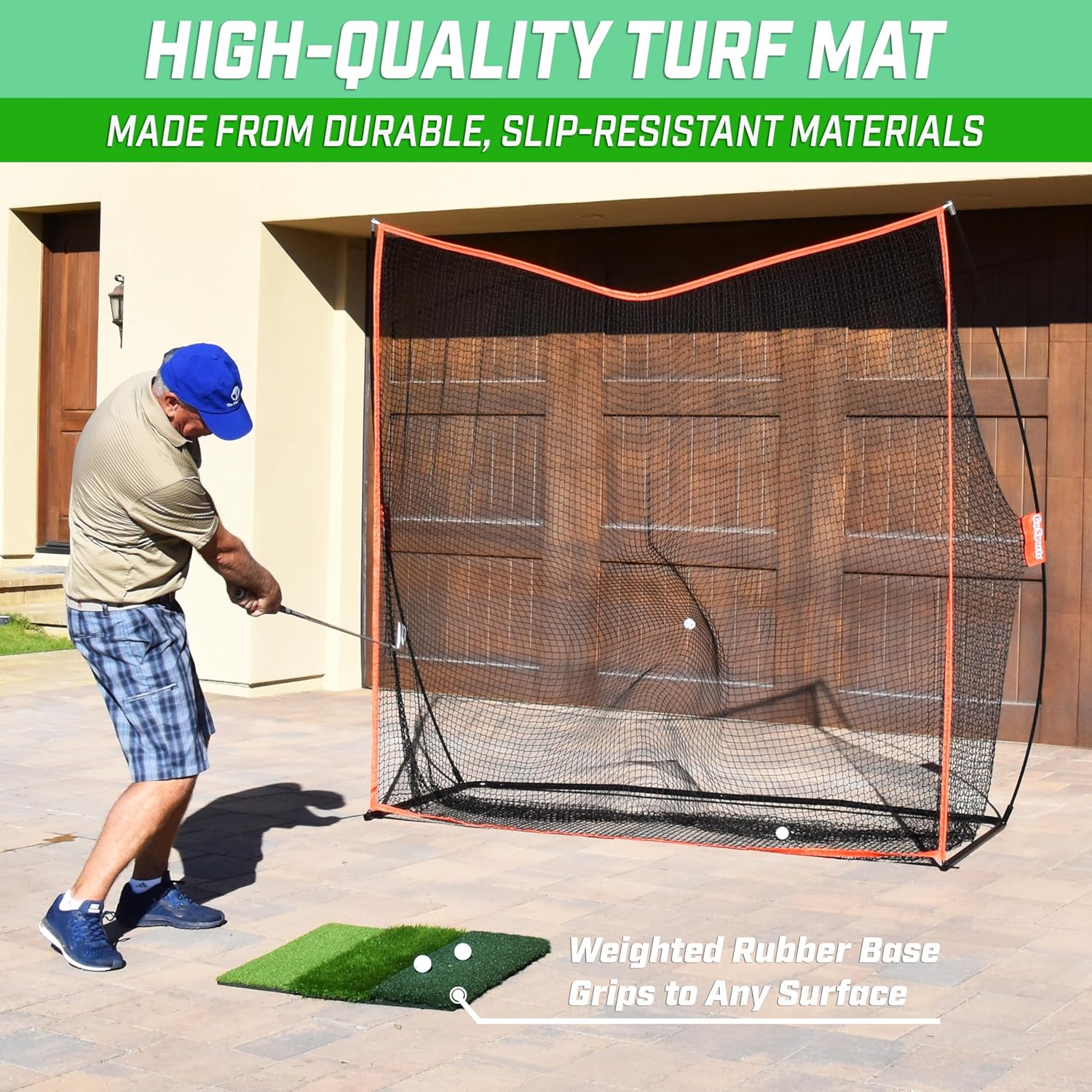 GoSports Tri-Turf XL Golf Hitting Mat – 24x24 in Golf Practice Mat for Indoor/Outdoor Training, Fairway Rough Tee Turf, Portable Golf Mat for Backyard, Garage & Golf Simulator Use