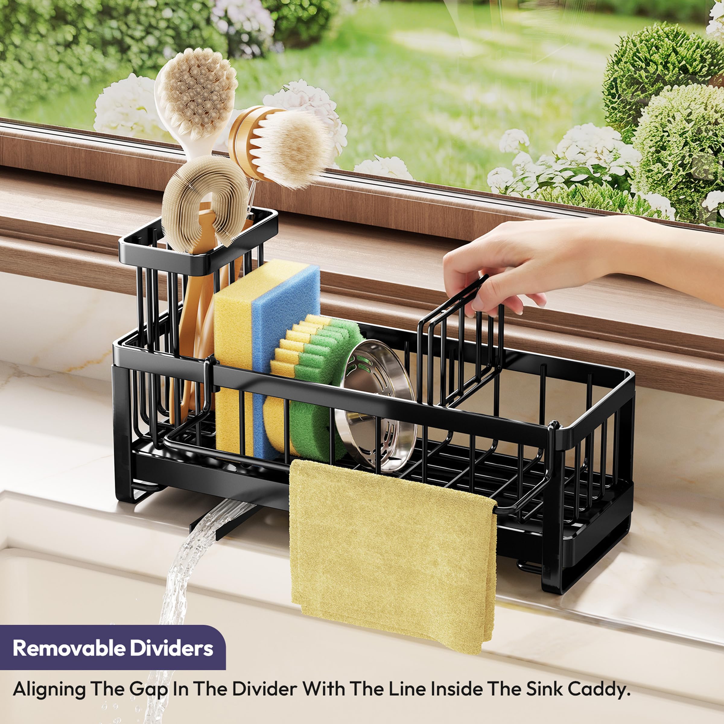SWTYMIKI Sponge Holder for Kitchen Sink - Sink Caddy with Brush Holder Self-draining Sponge Caddy Organizer with Divider Stainless Steel Kitchen Accessories Storage for Countertop, Black