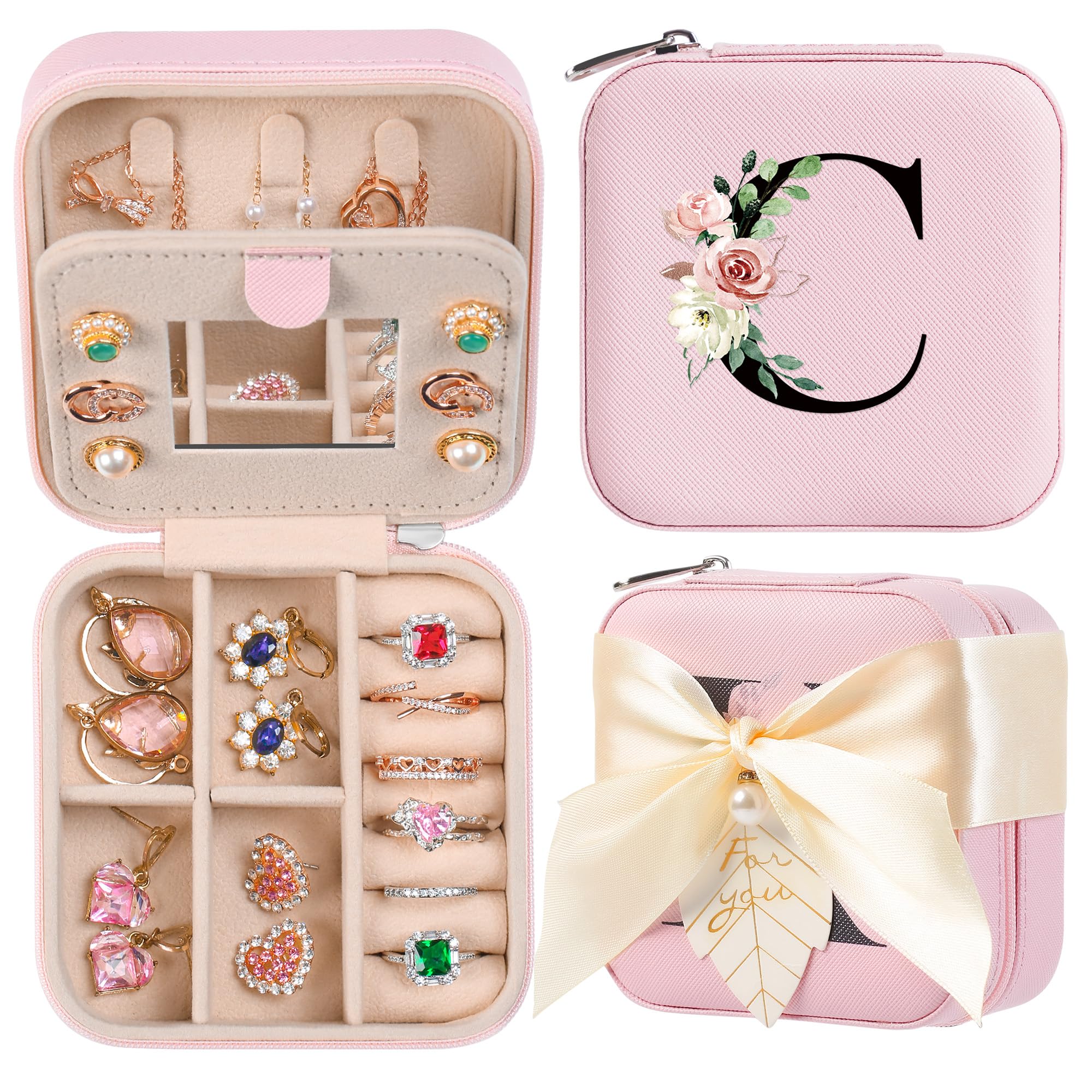 AYGXU Travel Jewelry Box for Women and Girls - Small Case With Initial A-Z - Teacher Gifts