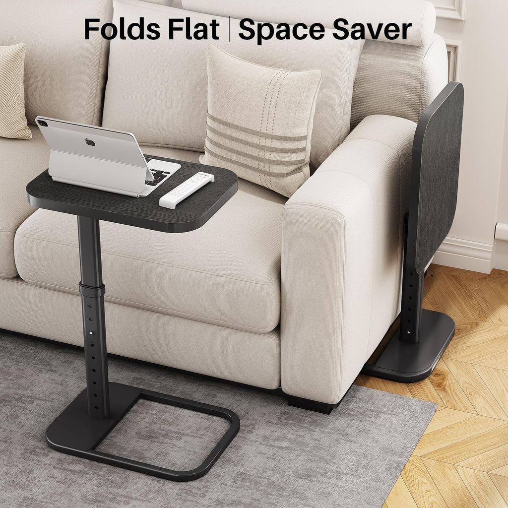 Kitstorack TV Tray Table, Adjustable Height & Rounded Metal Corners, Snack Table for Couch, Sofa, Bed, Chair, Living Room, C Shaped End Side Table for Eating, Dinner or Laptop, Small Spaces, Black