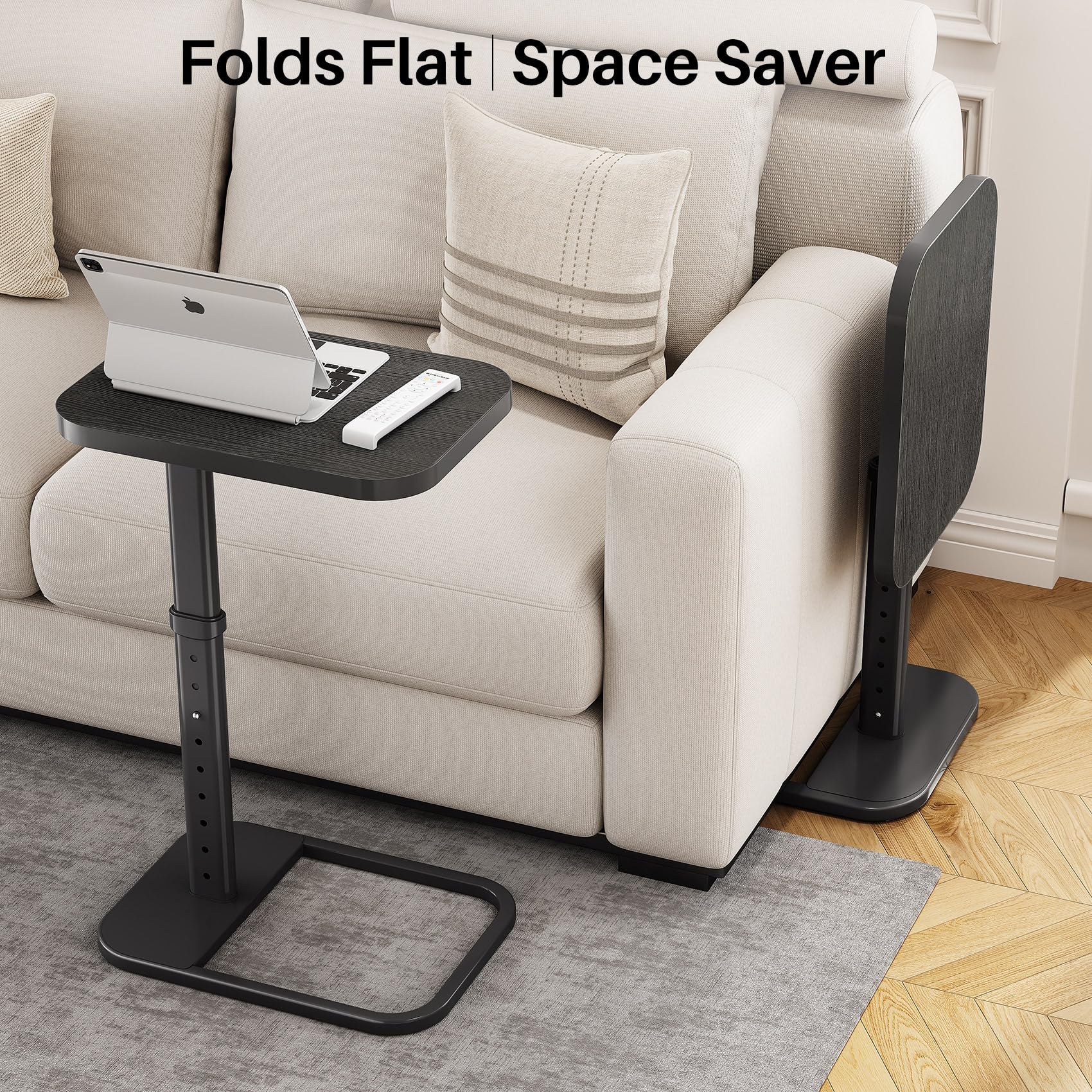 Kitstorack TV Tray Table, Adjustable Height & Rounded Metal Corners, Snack Table for Couch, Sofa, Bed, Chair, Living Room, C Shaped End Side Table for Eating, Dinner or Laptop, Small Spaces, Black