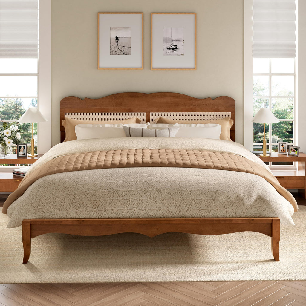 PHI VILLA Full Rattan Bed Frame with Headboard, Mid Century Modern Wooden Bed Frames, No Box Spring Needed, Brown