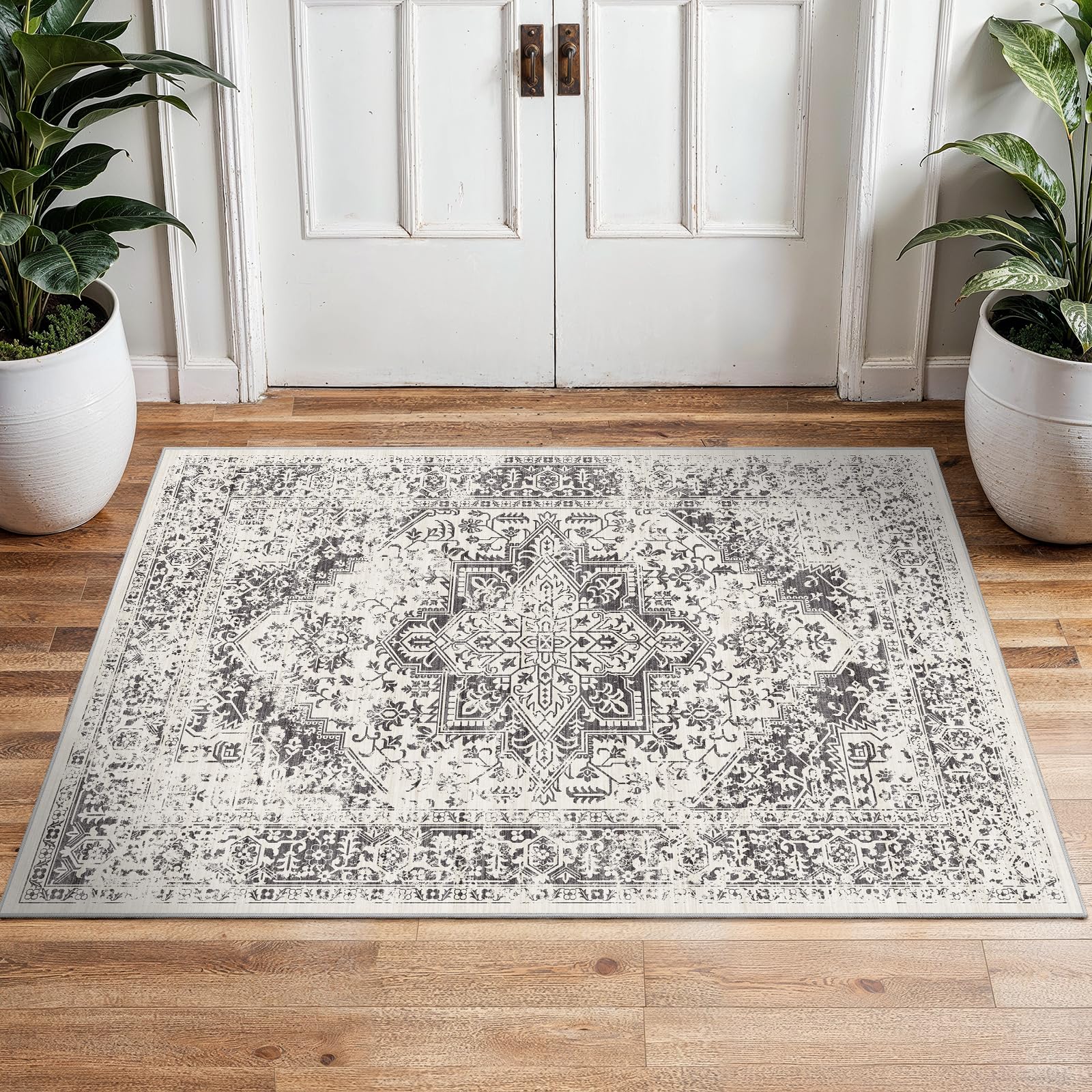 2x5 Washable Kitchen Runner Rug - Soft Low Pile Floral Animal Cat Print Rugs with Non-Slip Backing Waterproof Stain-Resistant Indoor Carpet for Hallway Entryway Bathroom Bedroom (Black)