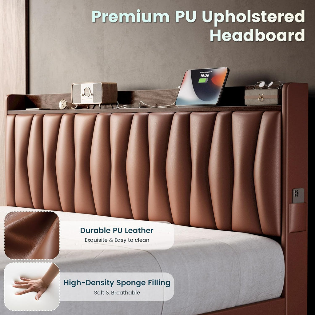 ANCTOR King Bed Frame with 3 Storage Drawers, Storage Headbord with Charging Station, Platform Bed Frame for Bedroom, Living Room, No Box Spring, Faux Leather, Brown