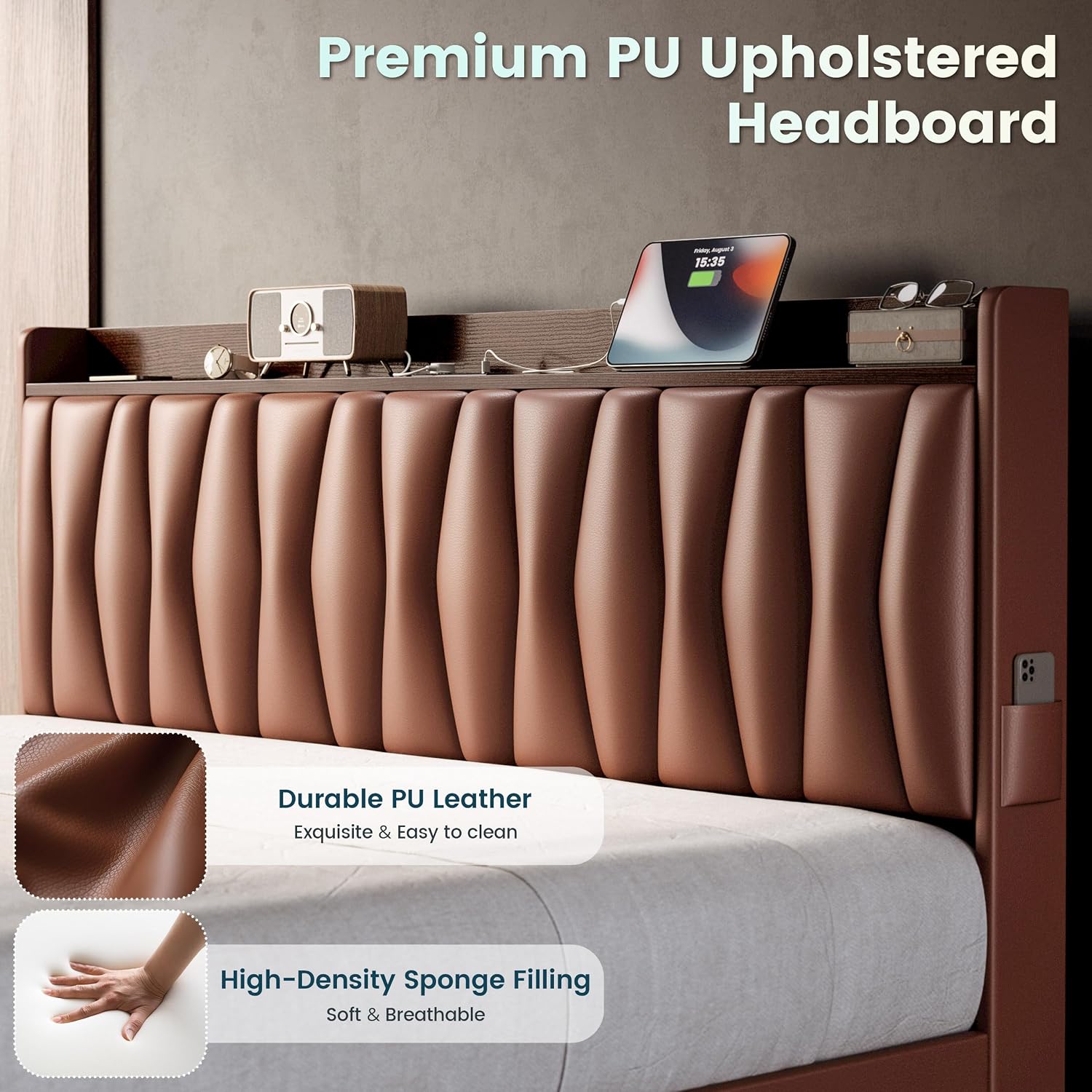 ANCTOR King Bed Frame with 3 Storage Drawers, Storage Headbord with Charging Station, Platform Bed Frame for Bedroom, Living Room, No Box Spring, Faux Leather, Brown