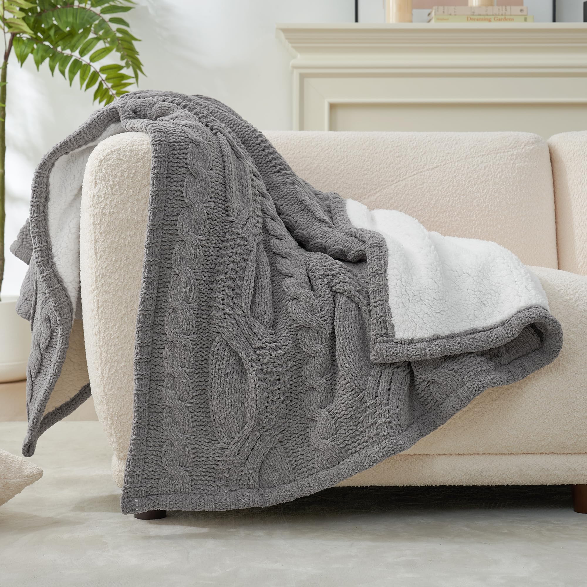 Amélie Home Cable Knit Throw Blanket for Couch, Chenille Sherpa Soft Cozy Throw Blankets for Sofa Chair Comfortable Home, 50"x60", Gray