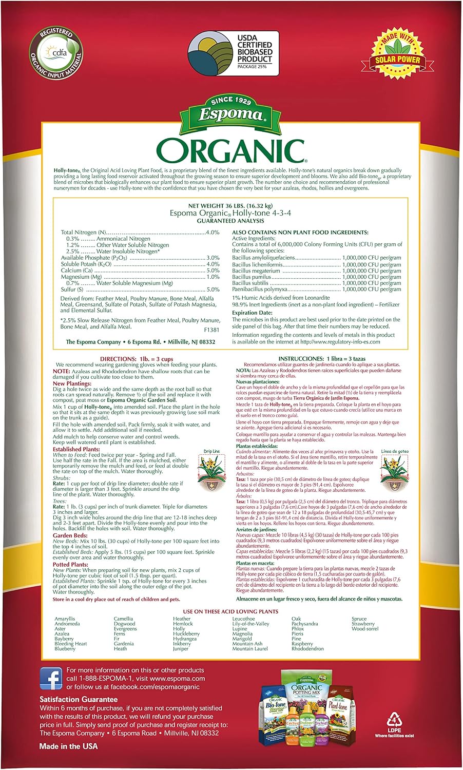 Espoma Organic Holly-Tone 4-3-4 Natural & Organic Evergreen & Azalea Plant Food; 36 lb. Bag; The Original & Best Fertilizer for All Acid Loving Plants Including Rhododendrons & Hydrangeas.