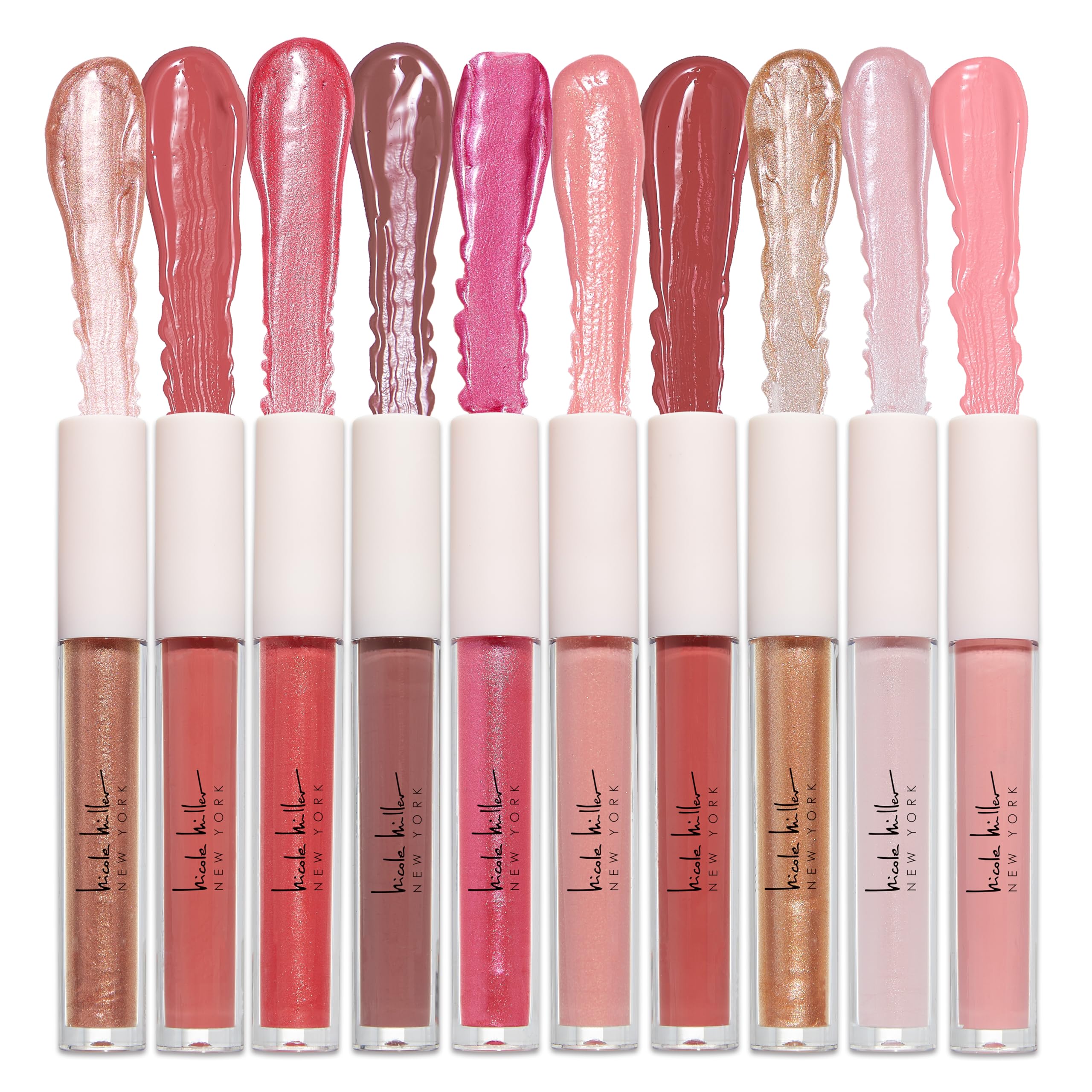 Nicole Miller Lip Gloss Collection Shimmery Glosses for Women and Girls Long Lasting Color Set with Rich Varied Colors, Flowery Pink, 10 Count (Pack of 1)