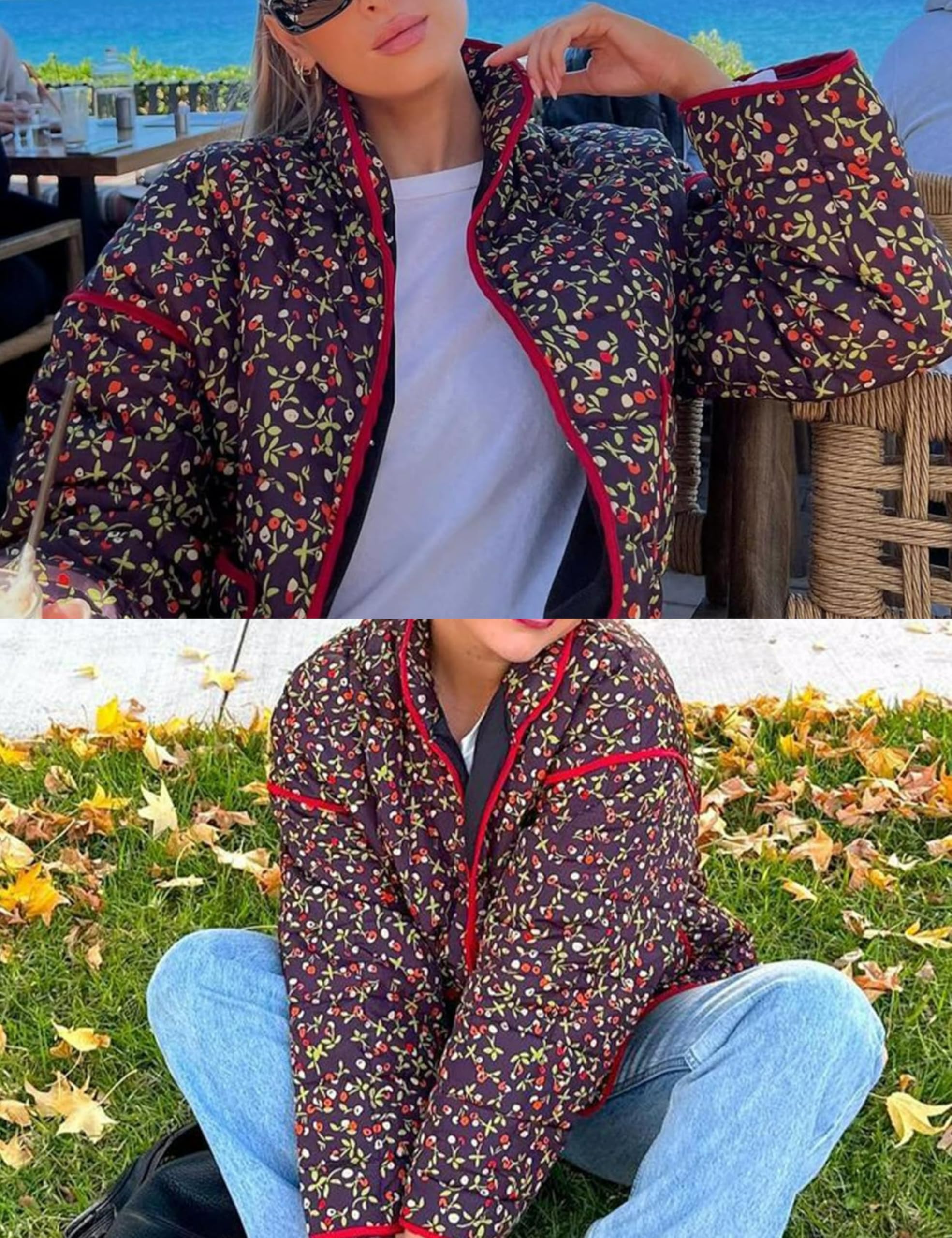 Omoone Women's Cropped Quilted Jacket Floral Printed LightWeight Padded Puffer Cardigan Coat Outwear