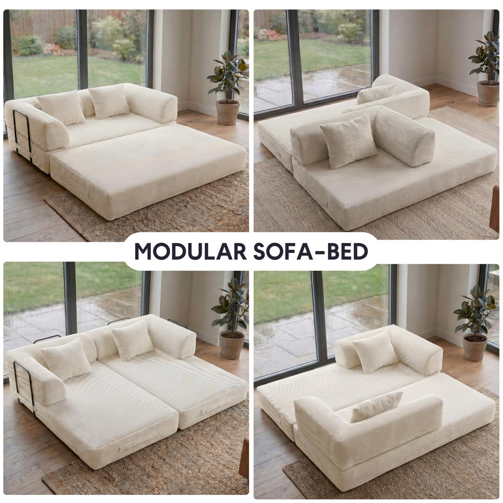 ZEIINPA 59“ Convertible Floor Sofa Bed, 5-in-1 Futon Sofa Bed Pull Out Sleeper Couch, Modern Corduroy Compressed Loveseat, Modular Boneless Couches for Living Room, No Assembly Required, Beige