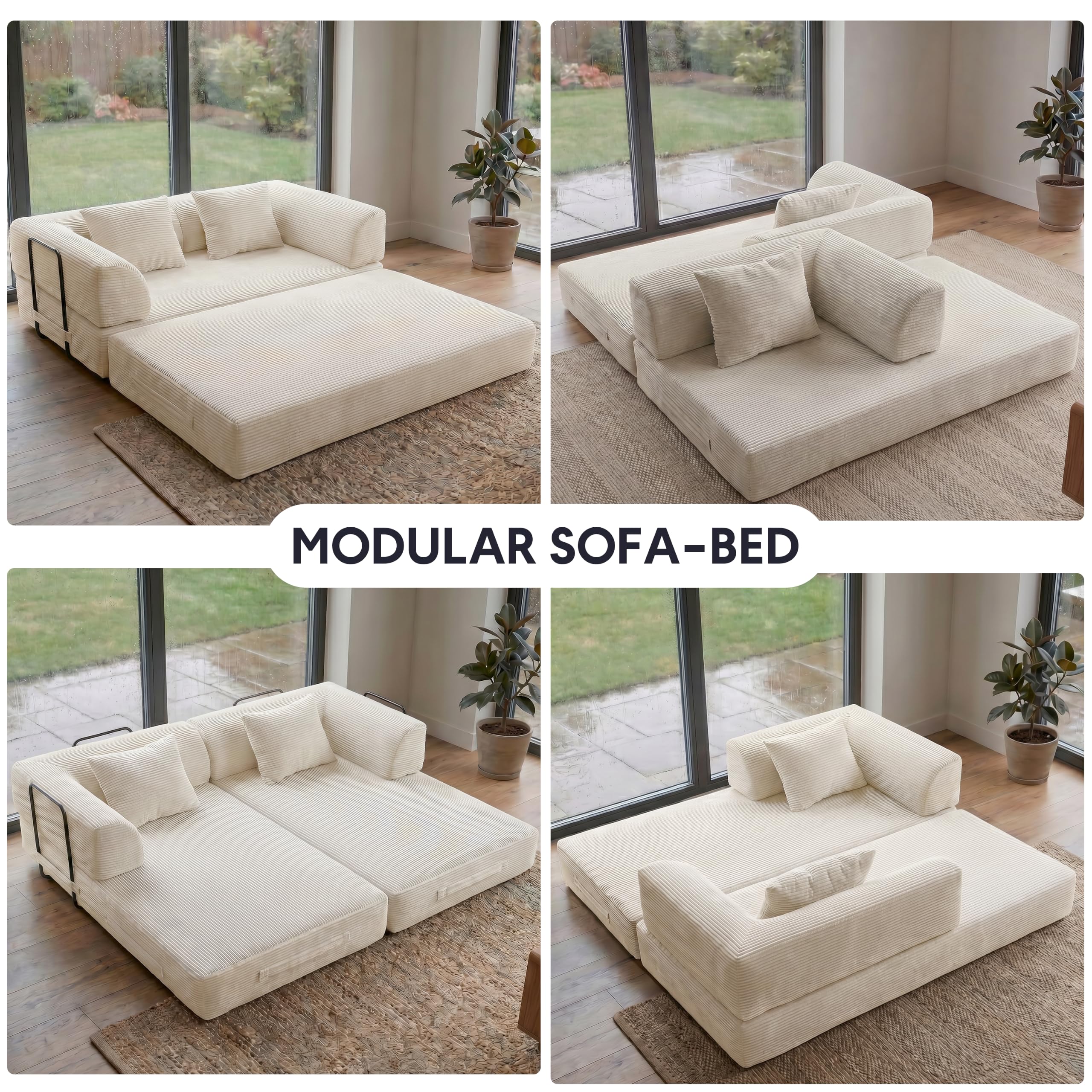 ZEIINPA 59“ Convertible Floor Sofa Bed, 5-in-1 Futon Sofa Bed Pull Out Sleeper Couch, Modern Corduroy Compressed Loveseat, Modular Boneless Couches for Living Room, No Assembly Required, Beige