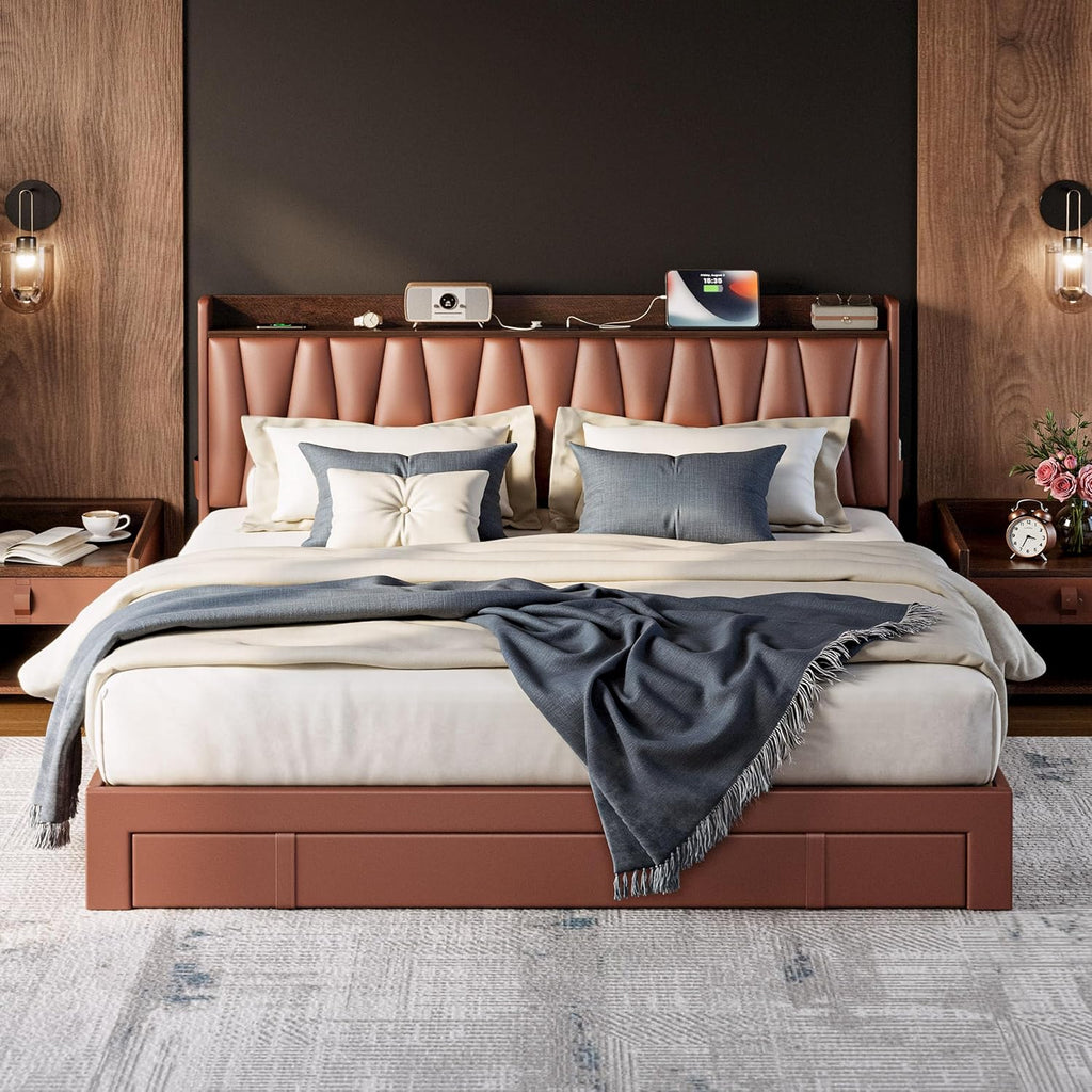 ANCTOR King Bed Frame with 3 Storage Drawers, Storage Headbord with Charging Station, Platform Bed Frame for Bedroom, Living Room, No Box Spring, Faux Leather, Brown