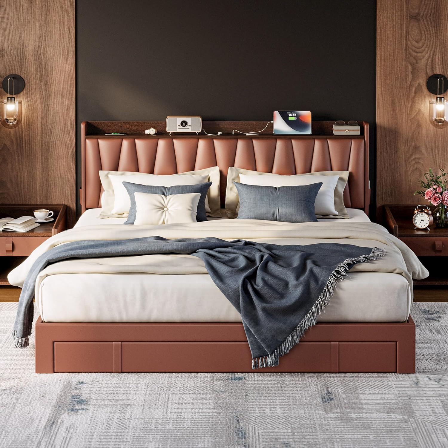 ANCTOR King Bed Frame with 3 Storage Drawers, Storage Headbord with Charging Station, Platform Bed Frame for Bedroom, Living Room, No Box Spring, Faux Leather, Brown