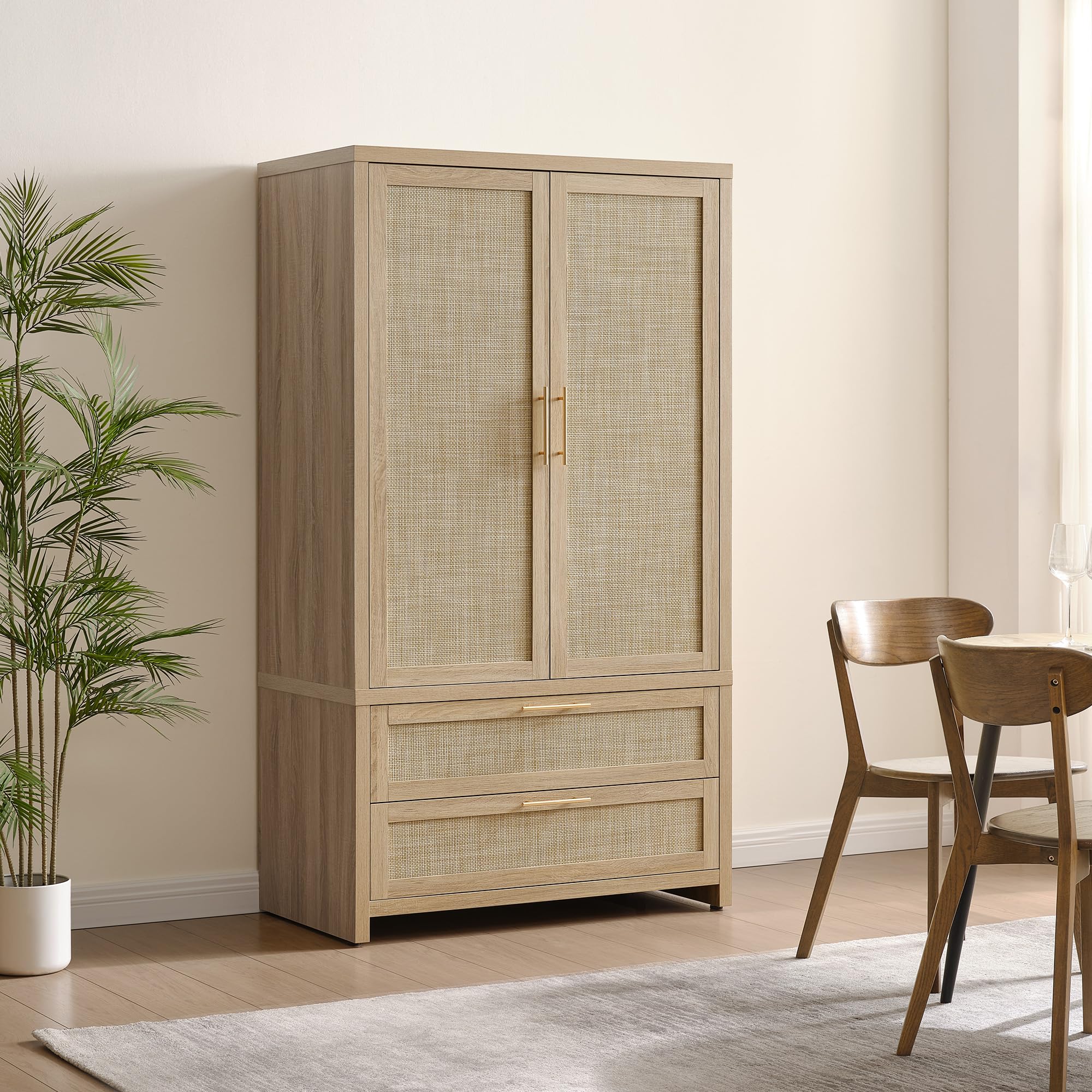SICOTAS Rattan Armoire Wardrobe Closet Cabinet, 71" Wardrobe Storage Cabinet with Doors, 2 Drawers and Hanging Rod, Boho Large-Capacity Deep Armoire Clothes Organizer for Bedroom, Black Oak