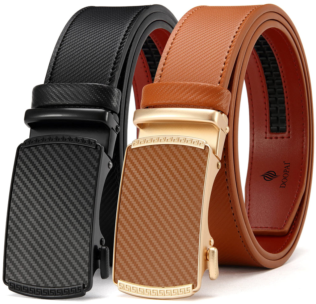 DOOPAI Men's 2 Pack Ratchet Dress Belt - Adjustable 1 3/8" Genuine Leather, Size Length Can Be Cut, With Gift Box